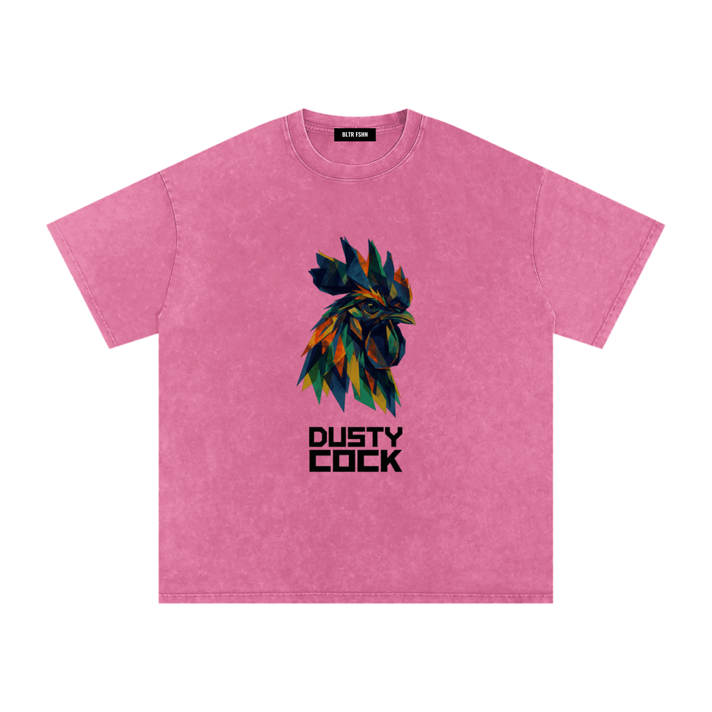 Dusty Cock “Prismatic Rooster” Geometric Head Graphic Tee – Heavyweight 100% Cotton, Vintage Wash, Washed