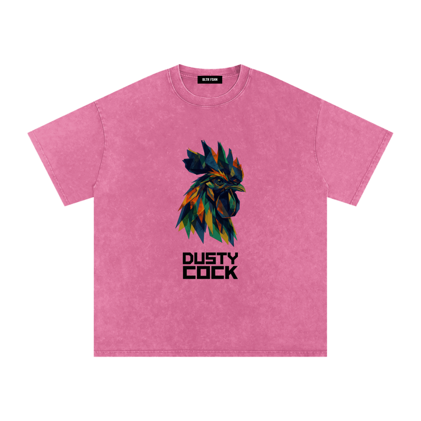 Dusty Cock “Prismatic Rooster” Geometric Head Graphic Tee – Heavyweight 100% Cotton, Vintage Wash, Washed