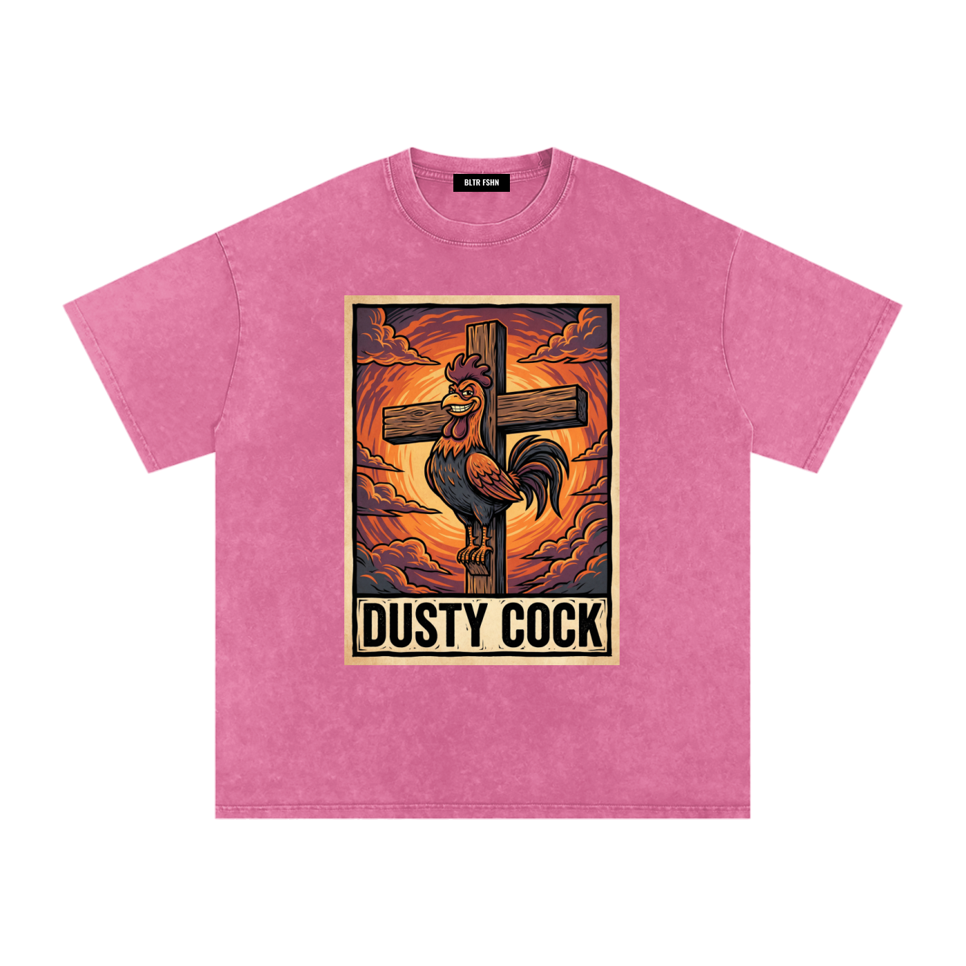 Saint Rooster on Cross – Heavyweight 100% Cotton, Vintage Wash, Washed