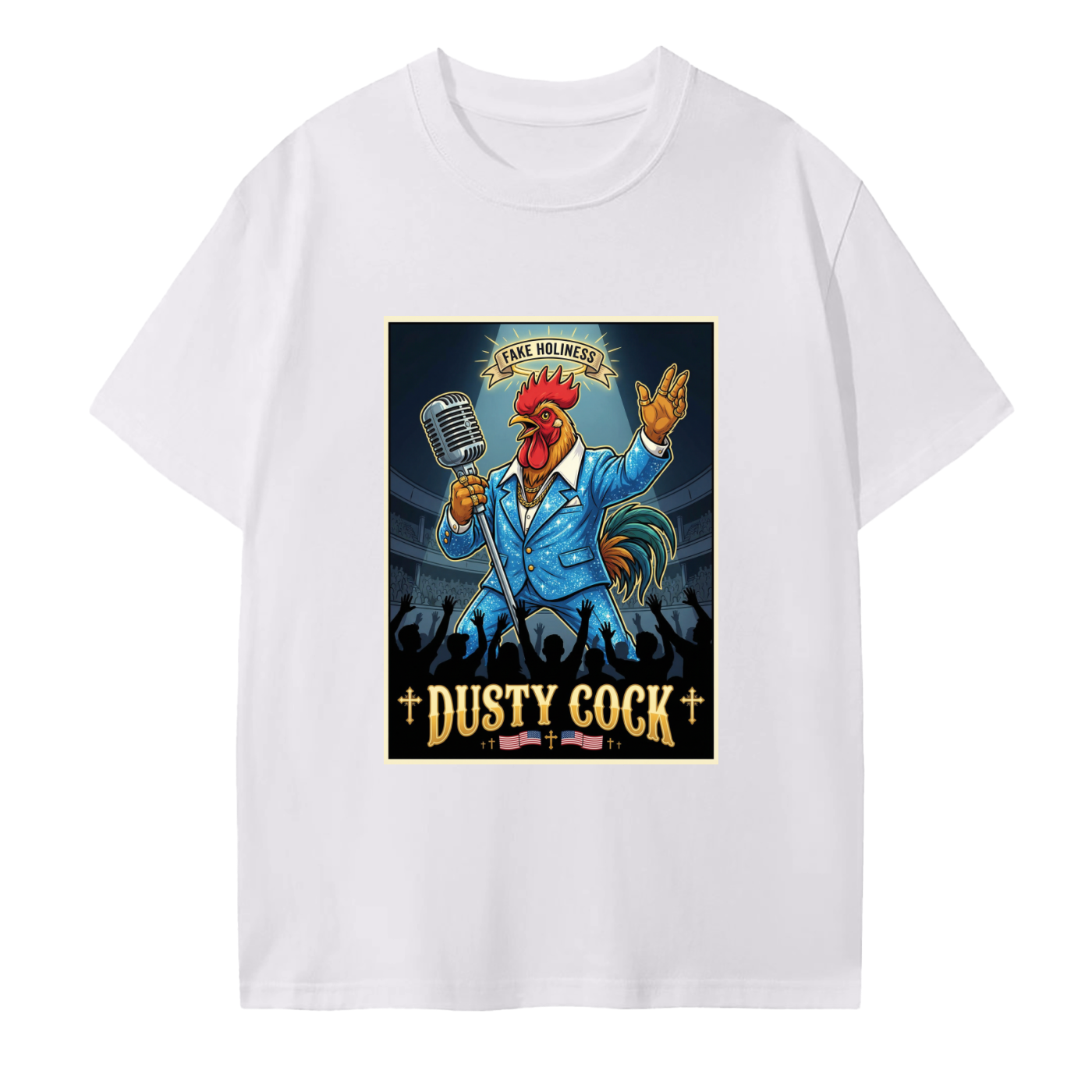 Dusty Cock, "Fake Holiness" Rooster Graphic Rooster Tee – 100% Cotton