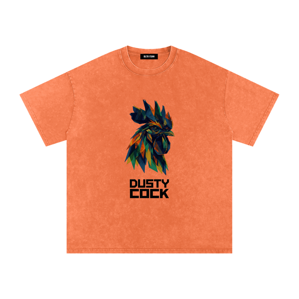 Dusty Cock “Prismatic Rooster” Geometric Head Graphic Tee – Heavyweight 100% Cotton, Vintage Wash, Washed