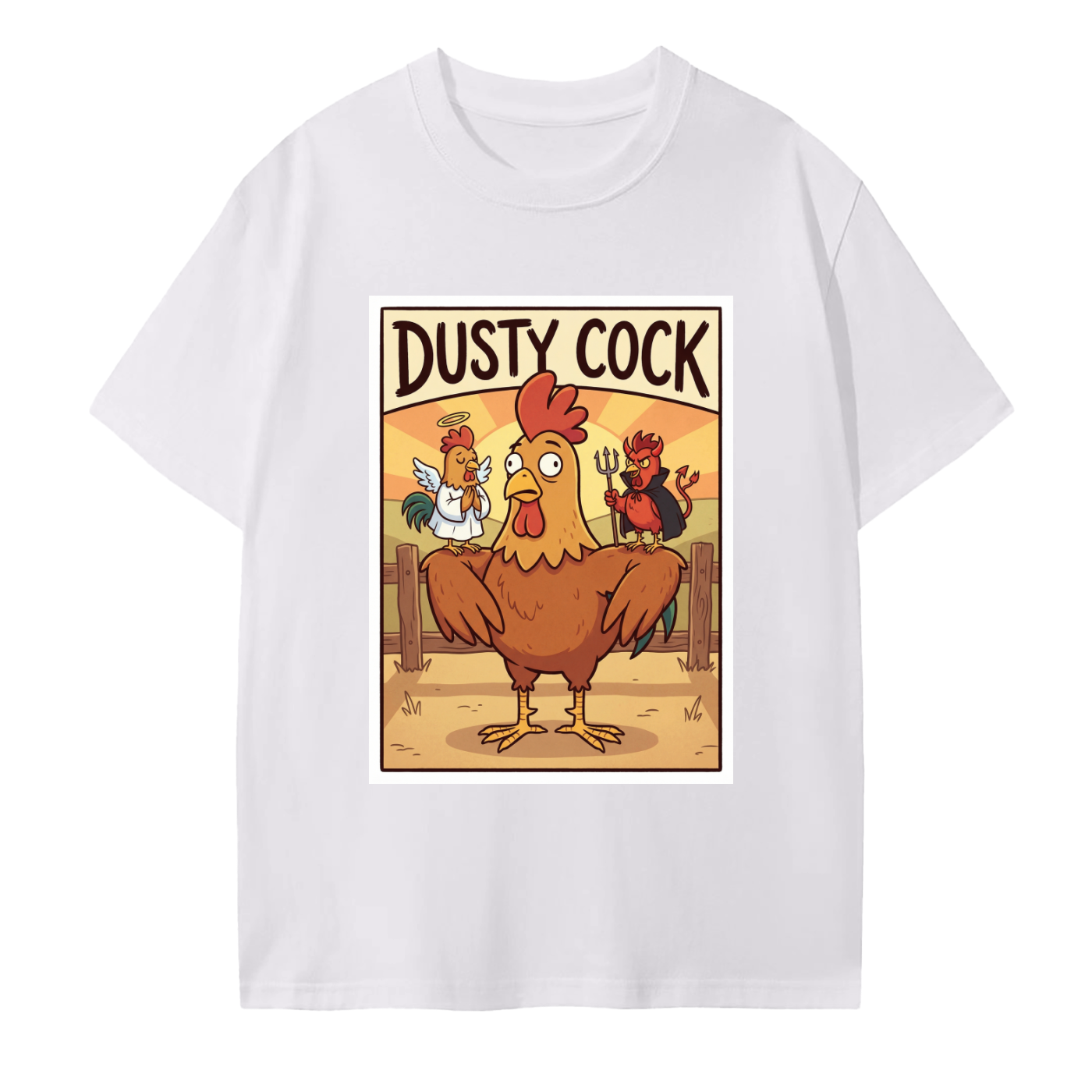 Dusty Cock “Angel & Devil on My Shoulders” Rooster Graphic Tee – 100% Cotton