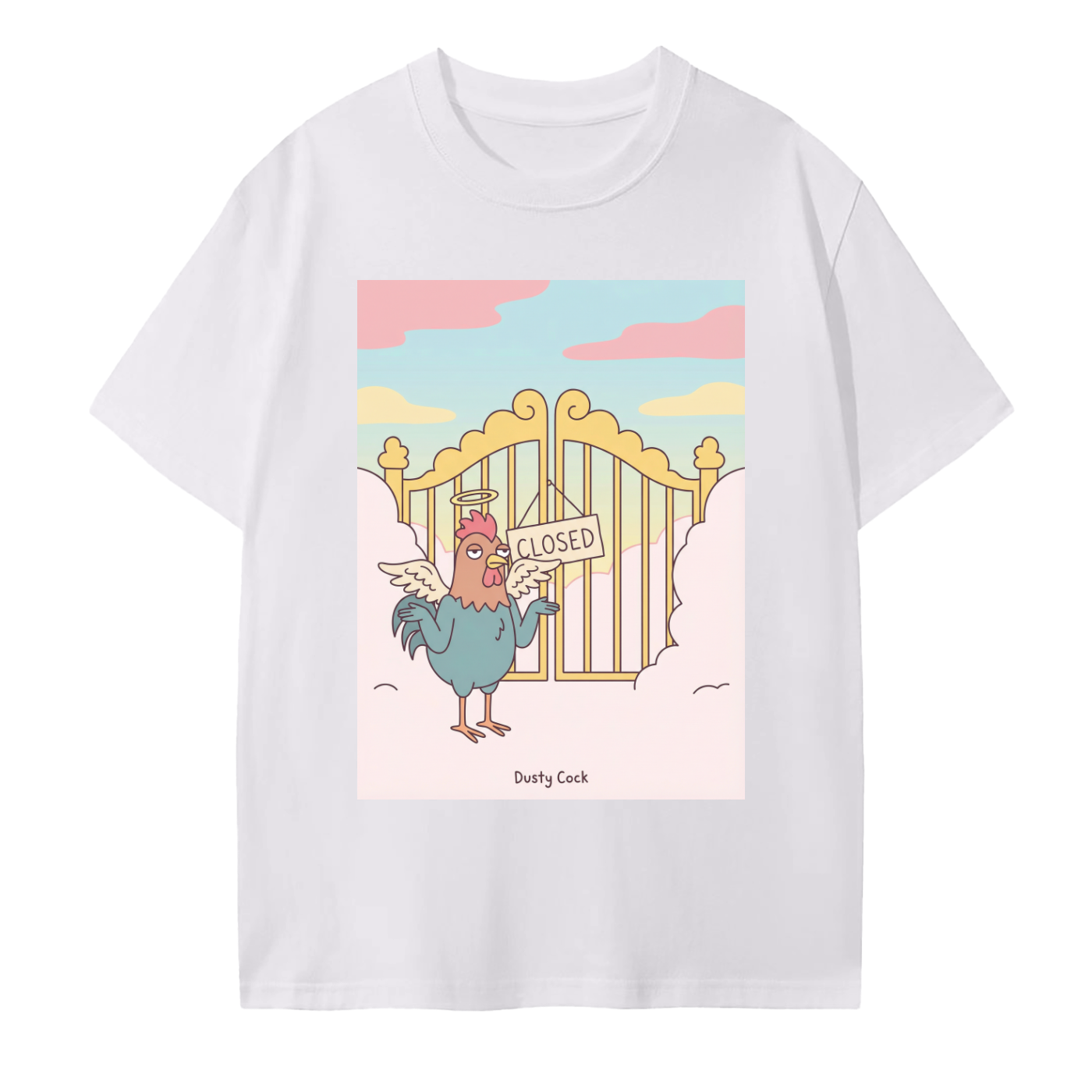 Rooster Heaven Gates “Closed” Graphic Tee – Heavyweight 100% Cotton, Vintage Wash, White