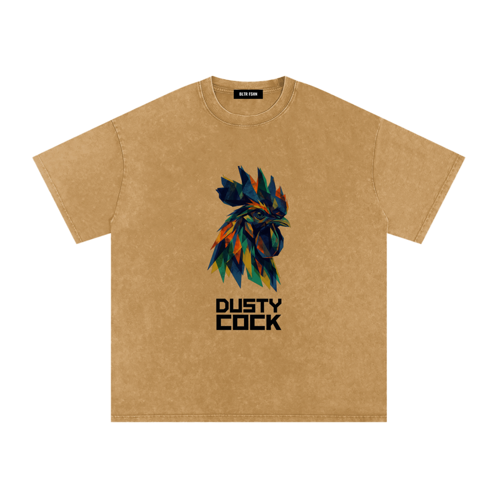Dusty Cock “Prismatic Rooster” Geometric Head Graphic Tee – Heavyweight 100% Cotton, Vintage Wash, Washed