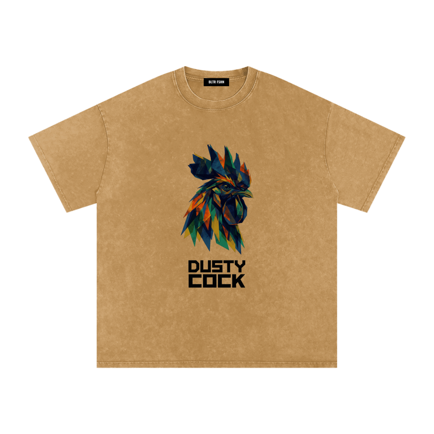 Dusty Cock “Prismatic Rooster” Geometric Head Graphic Tee – Heavyweight 100% Cotton, Vintage Wash, Washed