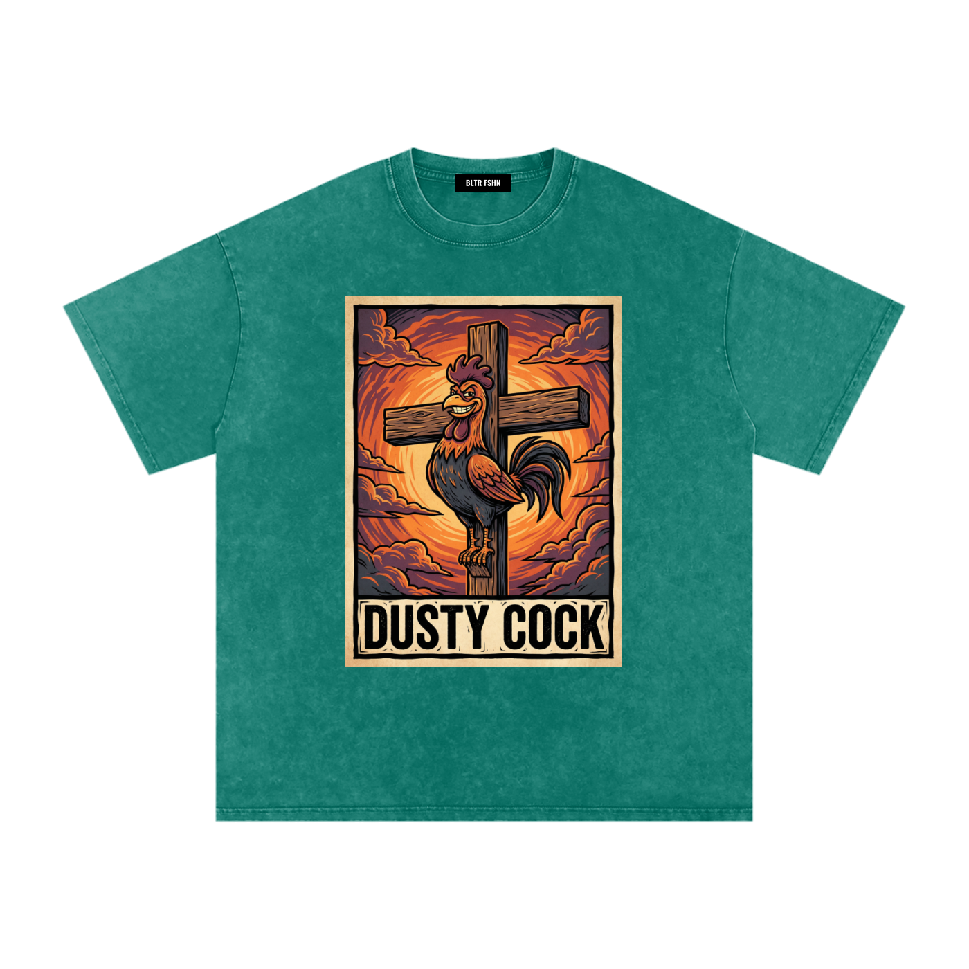 Saint Rooster on Cross – Heavyweight 100% Cotton, Vintage Wash, Washed