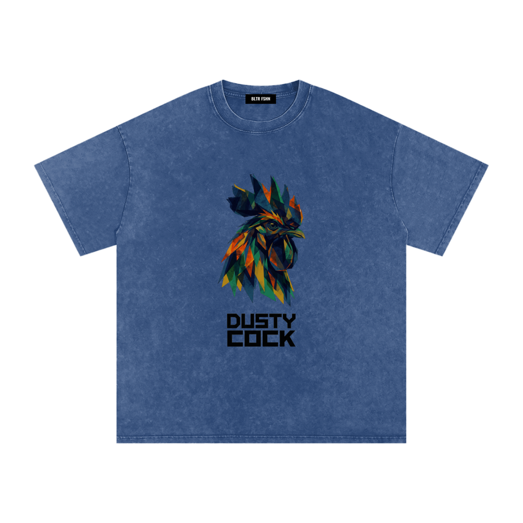 Dusty Cock “Prismatic Rooster” Geometric Head Graphic Tee – Heavyweight 100% Cotton, Vintage Wash, Washed