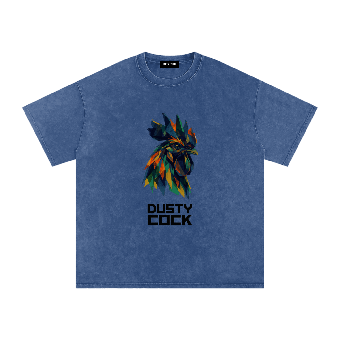 Dusty Cock “Prismatic Rooster” Geometric Head Graphic Tee – Heavyweight 100% Cotton, Vintage Wash, Washed