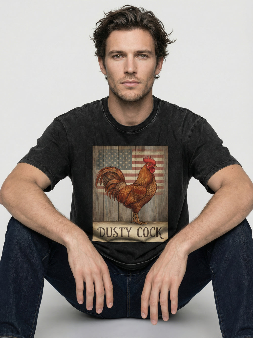 Dusty Cock Rooster American Flag Graphic T-Shirt - Vintage Wash Oversized Fit