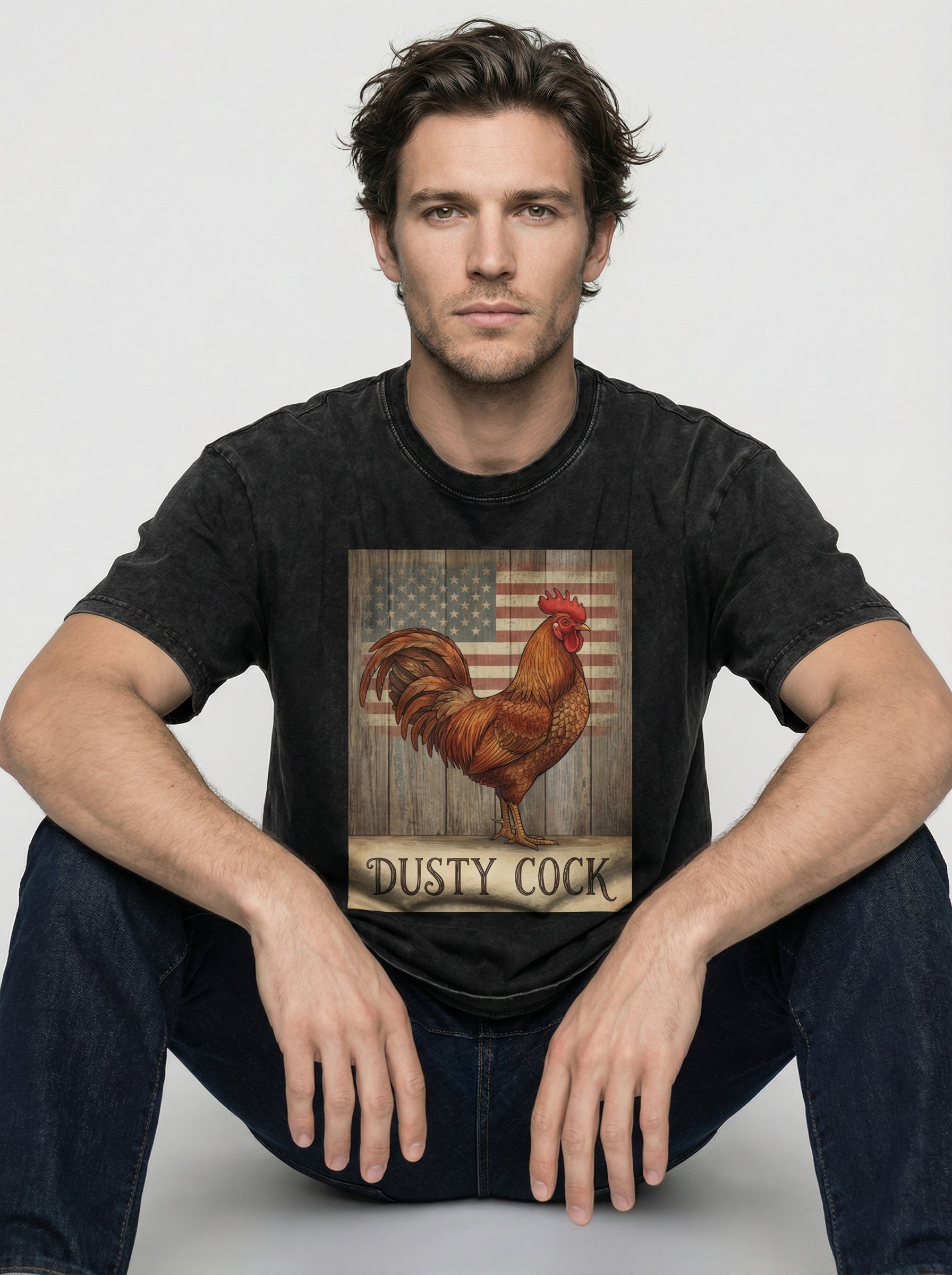 Dusty Cock Rooster American Flag Graphic T-Shirt - Vintage Wash Oversized Fit