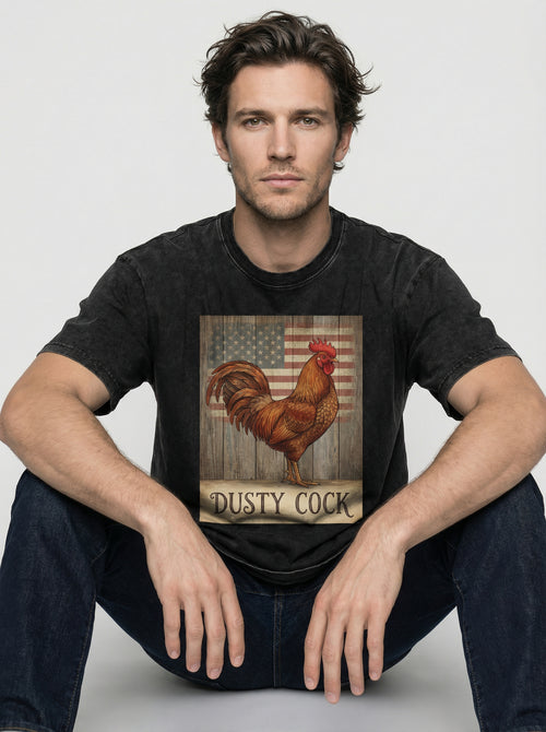 Dusty Cock Rooster American Flag Graphic T-Shirt - Vintage Wash Oversized Fit