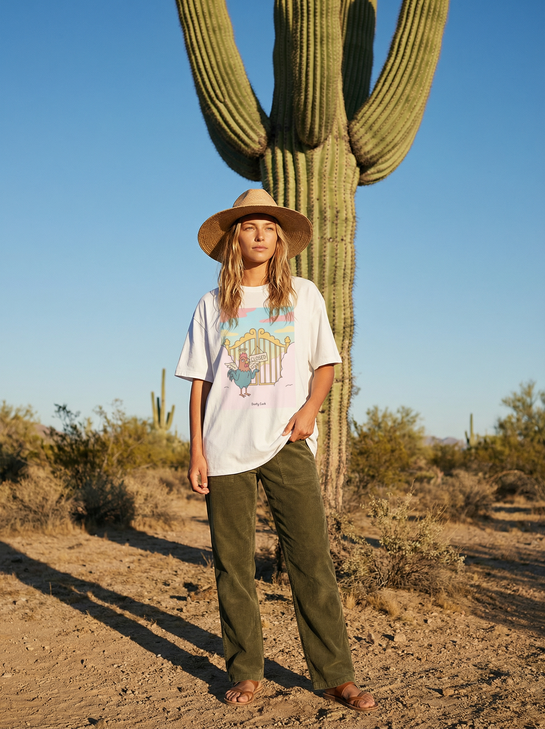 Rooster Heaven Gates “Closed” Graphic Tee – Heavyweight 100% Cotton, Vintage Wash, White