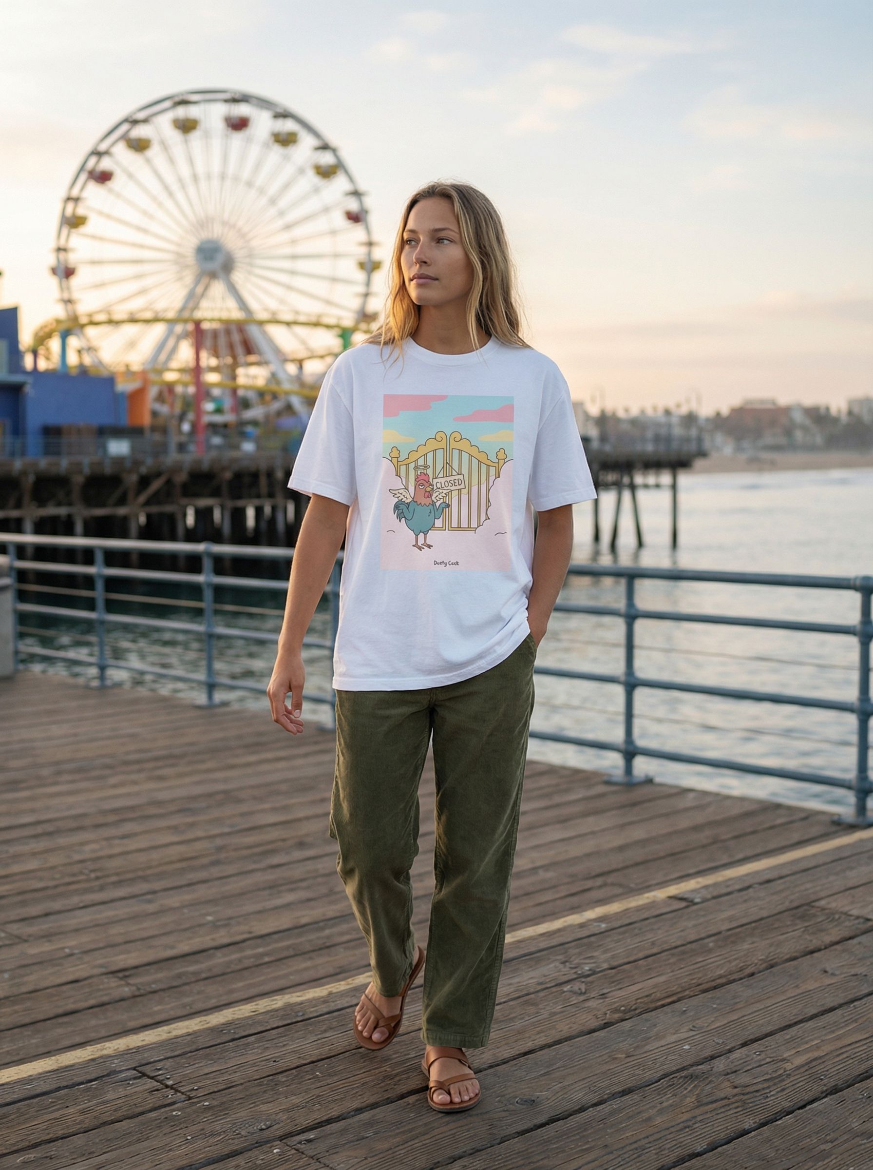 Rooster Heaven Gates “Closed” Graphic Tee – Heavyweight 100% Cotton, Vintage Wash, White