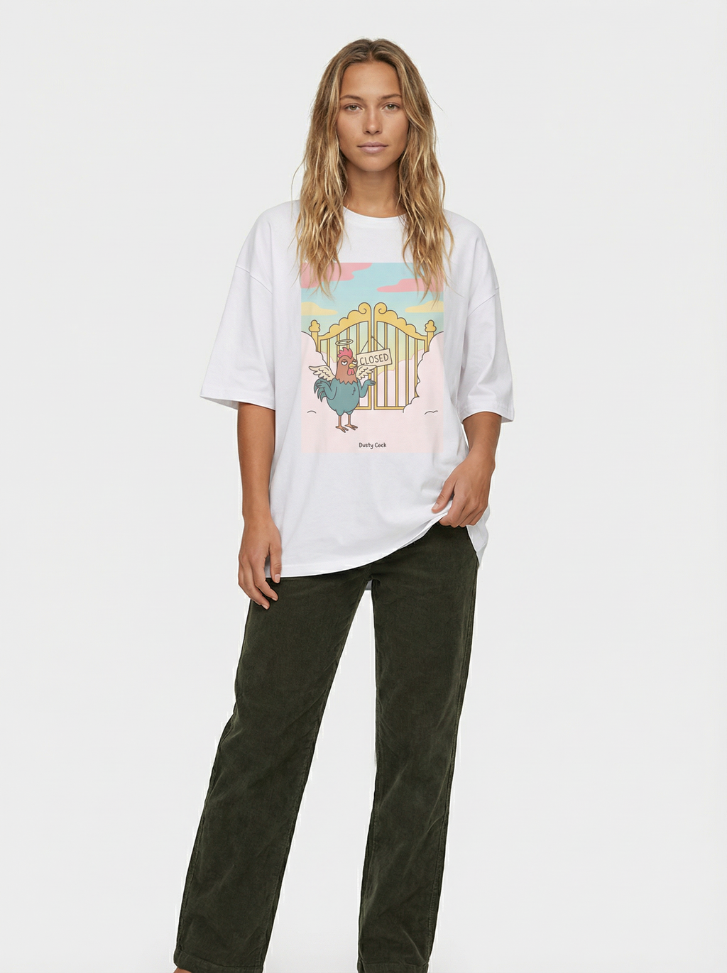 Rooster Heaven Gates “Closed” Graphic Tee – Heavyweight 100% Cotton, Vintage Wash, White