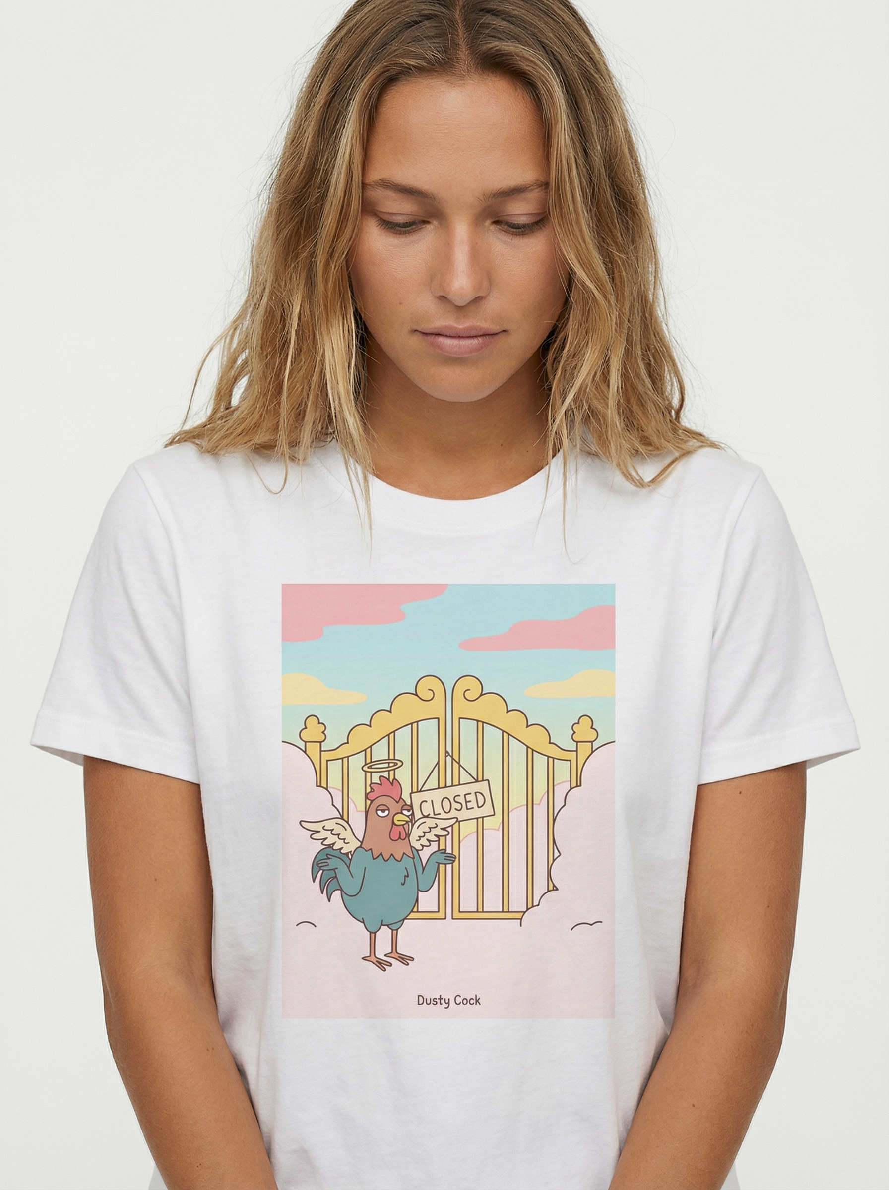 Rooster Heaven Gates “Closed” Graphic Tee – Heavyweight 100% Cotton, Vintage Wash, White
