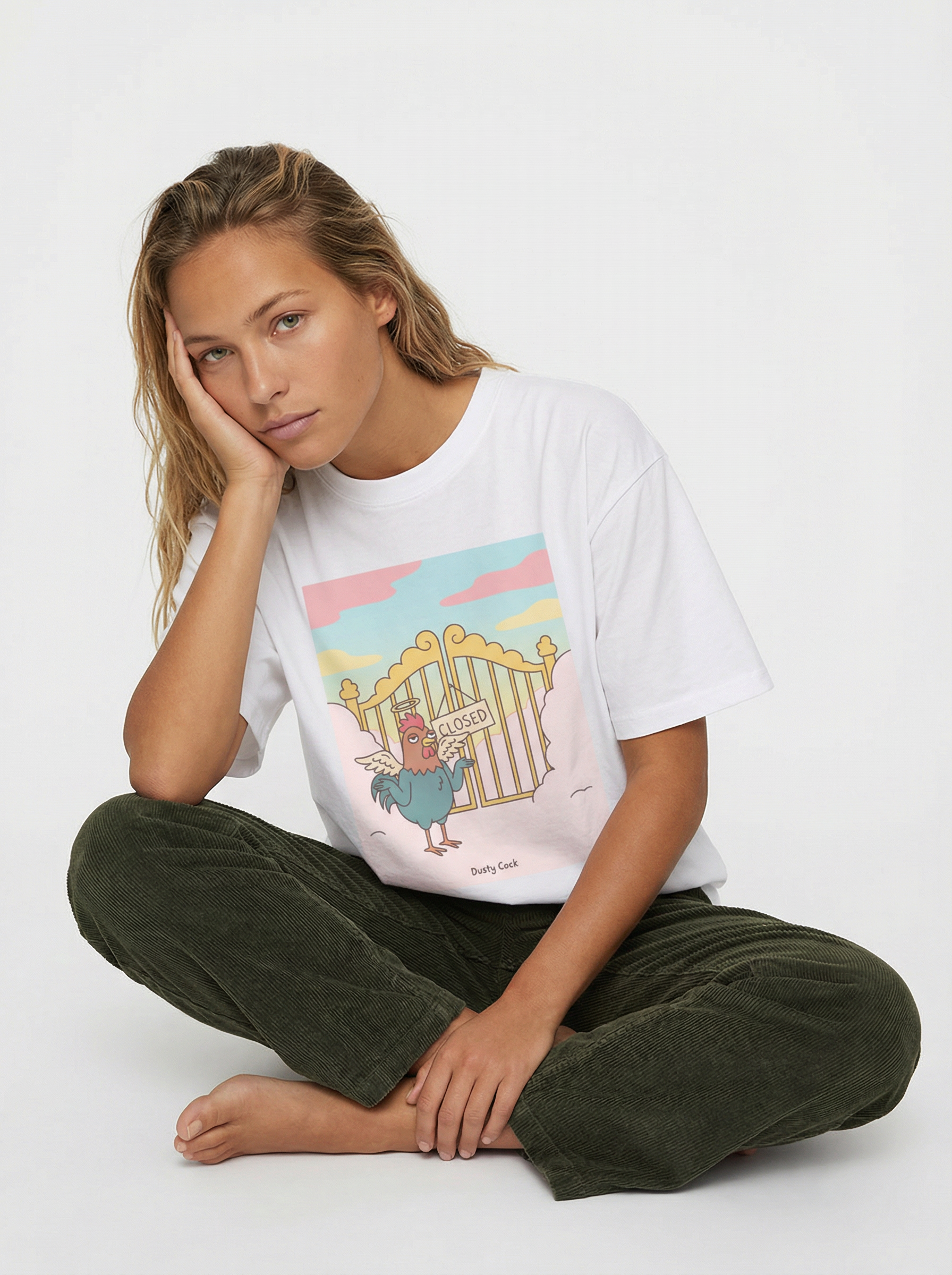 Rooster Heaven Gates “Closed” Graphic Tee – Heavyweight 100% Cotton, Vintage Wash, White