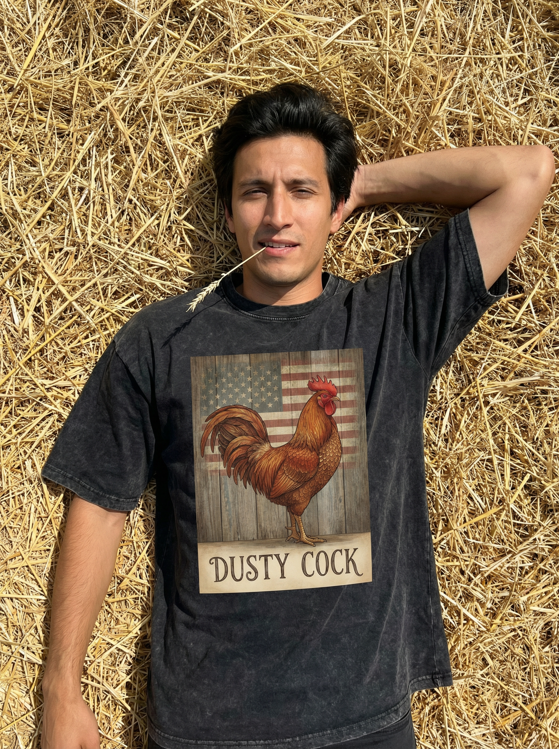 Dusty Cock Rooster American Flag Graphic T-Shirt - Vintage Wash Oversized Fit