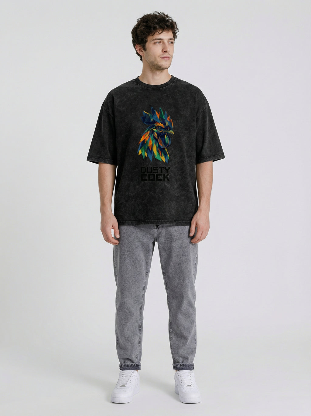 Dusty Cock “Prismatic Rooster” Geometric Head Graphic Tee – Heavyweight 100% Cotton, Vintage Wash, Washed