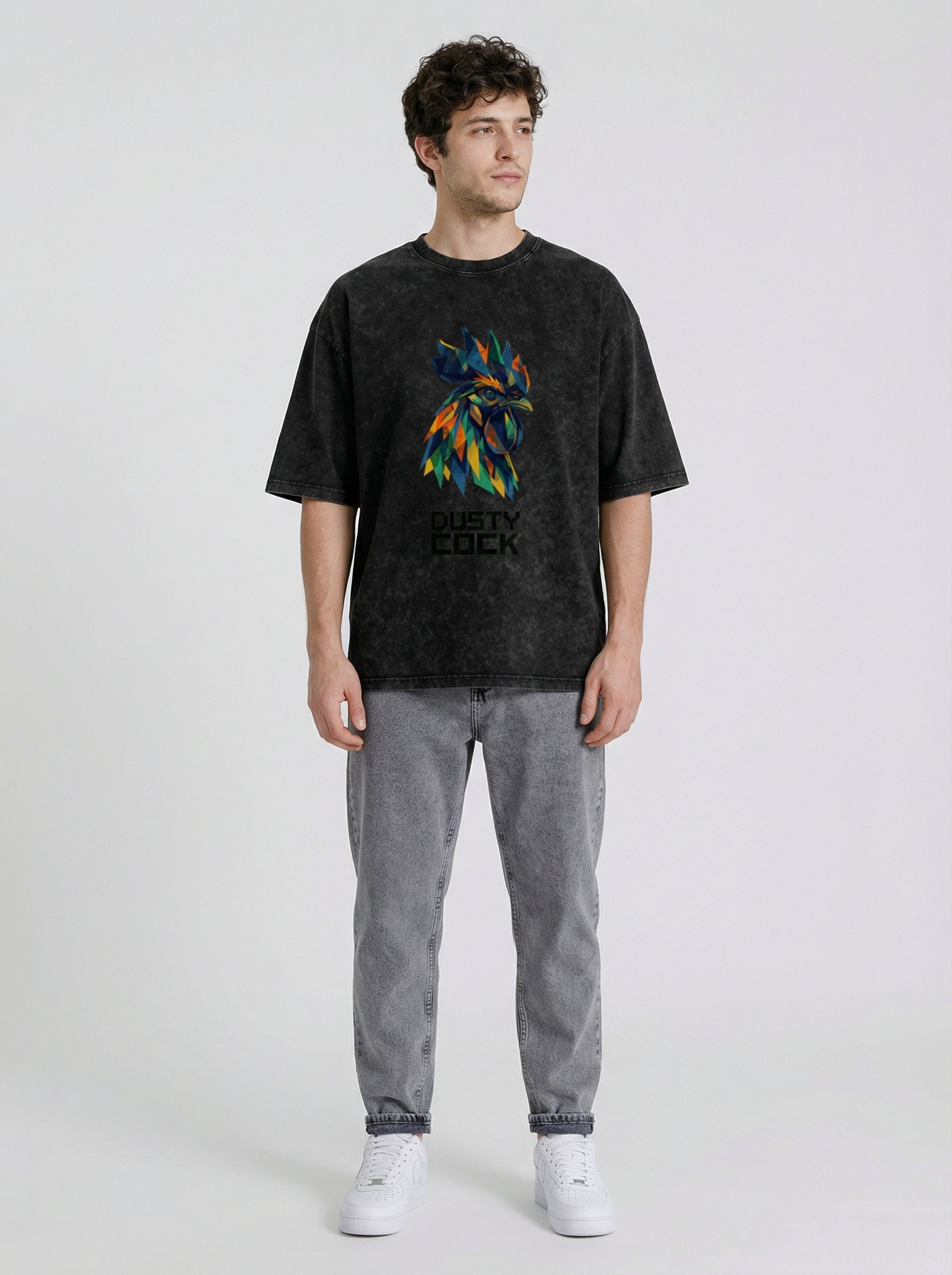 Dusty Cock “Prismatic Rooster” Geometric Head Graphic Tee – Heavyweight 100% Cotton, Vintage Wash, Washed