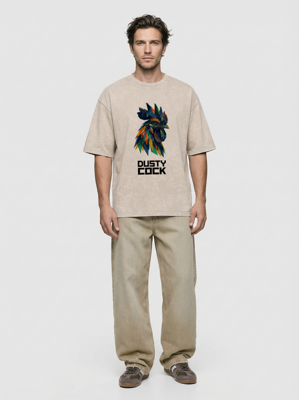 Dusty Cock “Prismatic Rooster” Geometric Head Graphic Tee – Heavyweight 100% Cotton, Vintage Wash, Washed, White