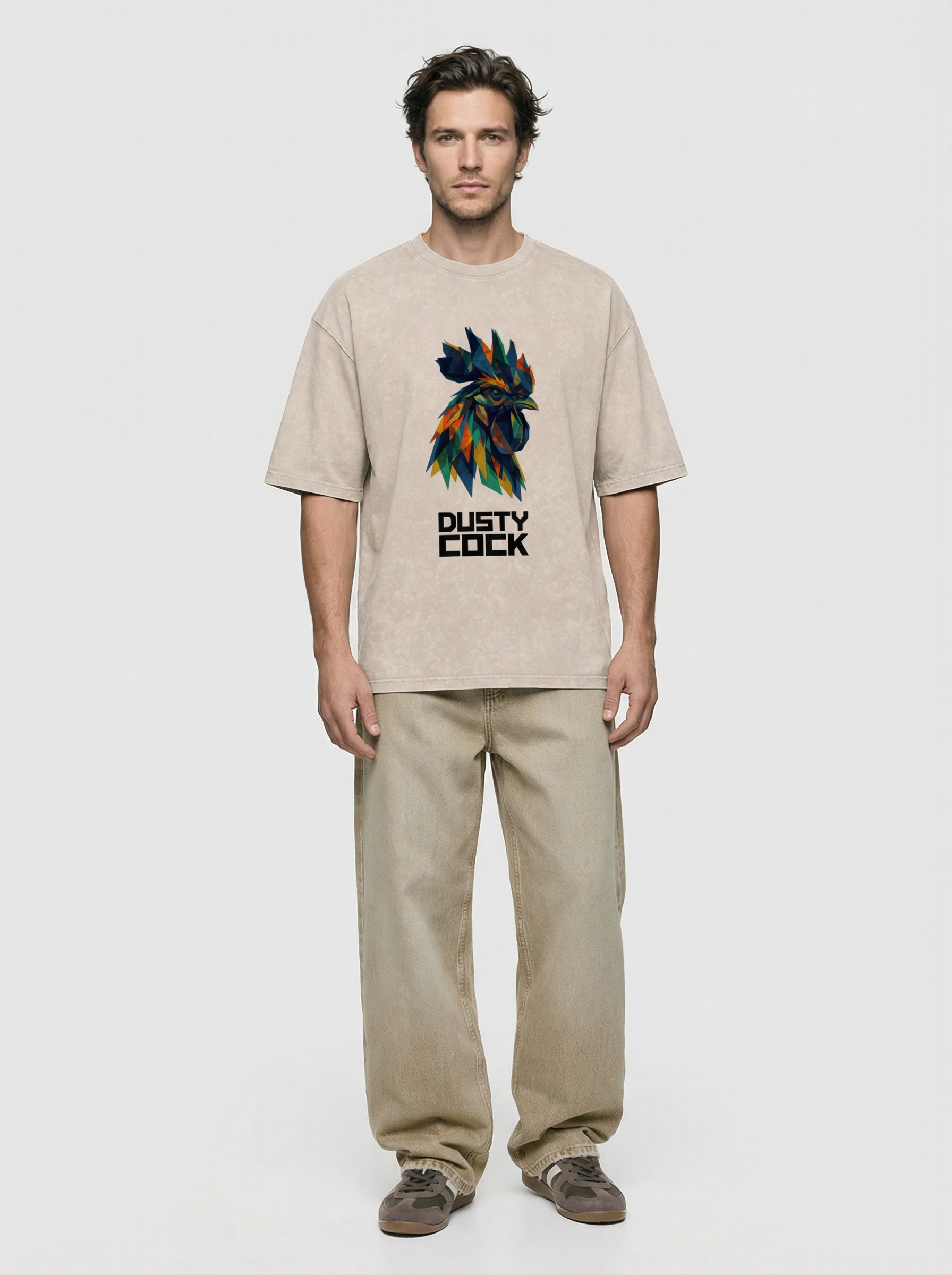 Dusty Cock “Prismatic Rooster” Geometric Head Graphic Tee – Heavyweight 100% Cotton, Vintage Wash, Washed, White