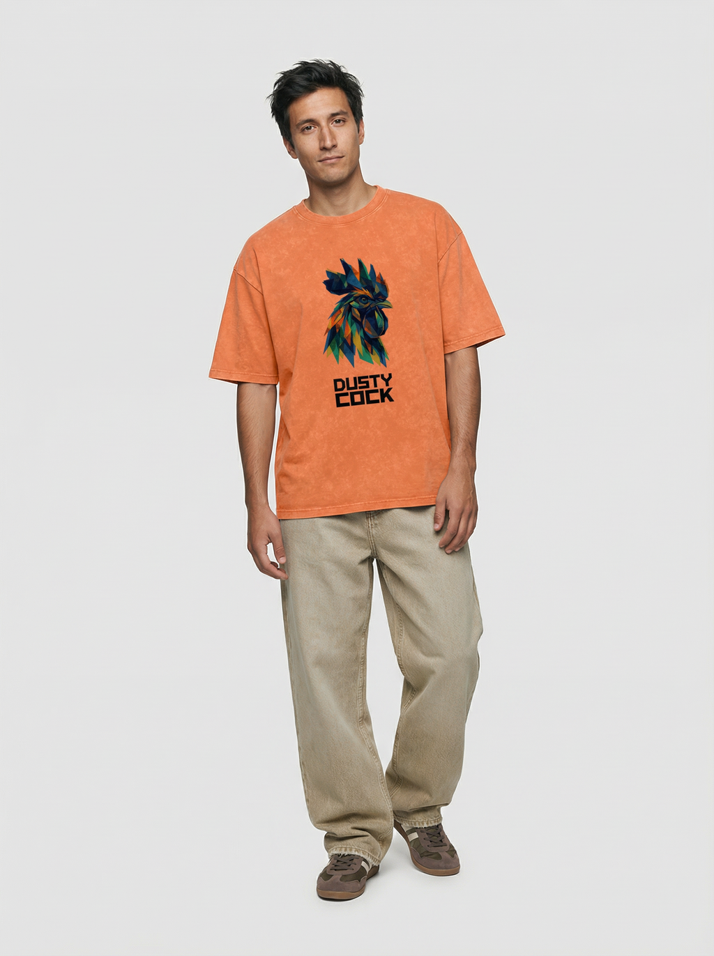 Dusty Cock “Prismatic Rooster” Geometric Head Graphic Tee – Heavyweight 100% Cotton, Vintage Wash, Washed