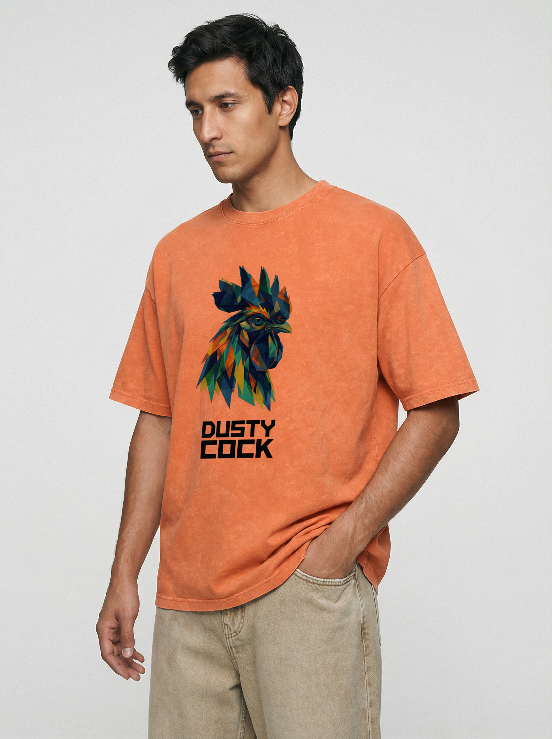 Dusty Cock “Prismatic Rooster” Geometric Head Graphic Tee – Heavyweight 100% Cotton, Vintage Wash, Washed