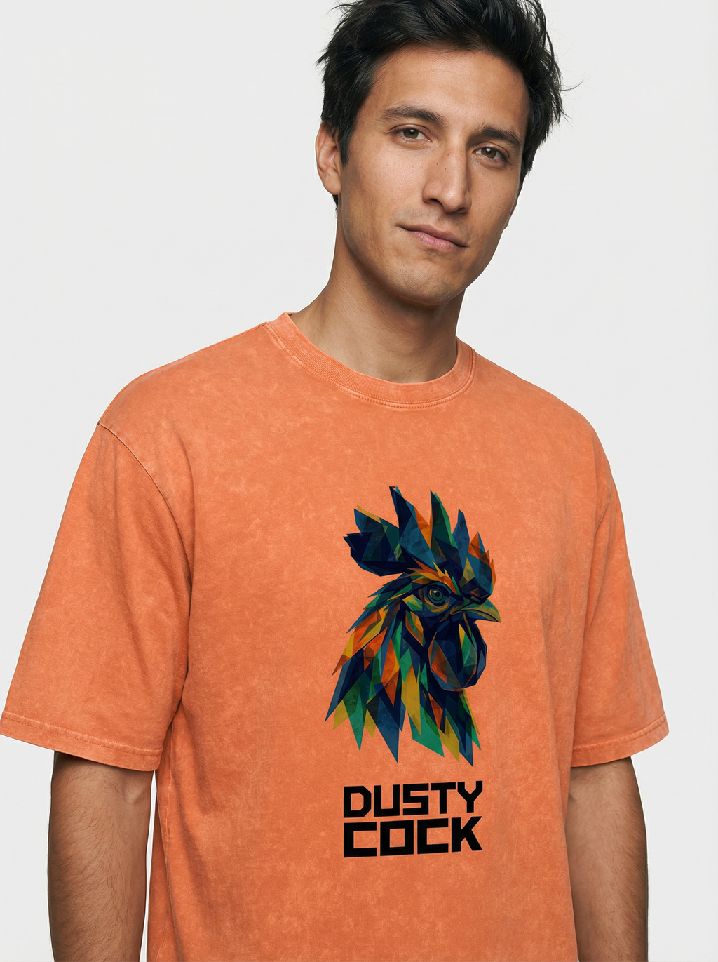 Dusty Cock “Prismatic Rooster” Geometric Head Graphic Tee – Heavyweight 100% Cotton, Vintage Wash, Washed