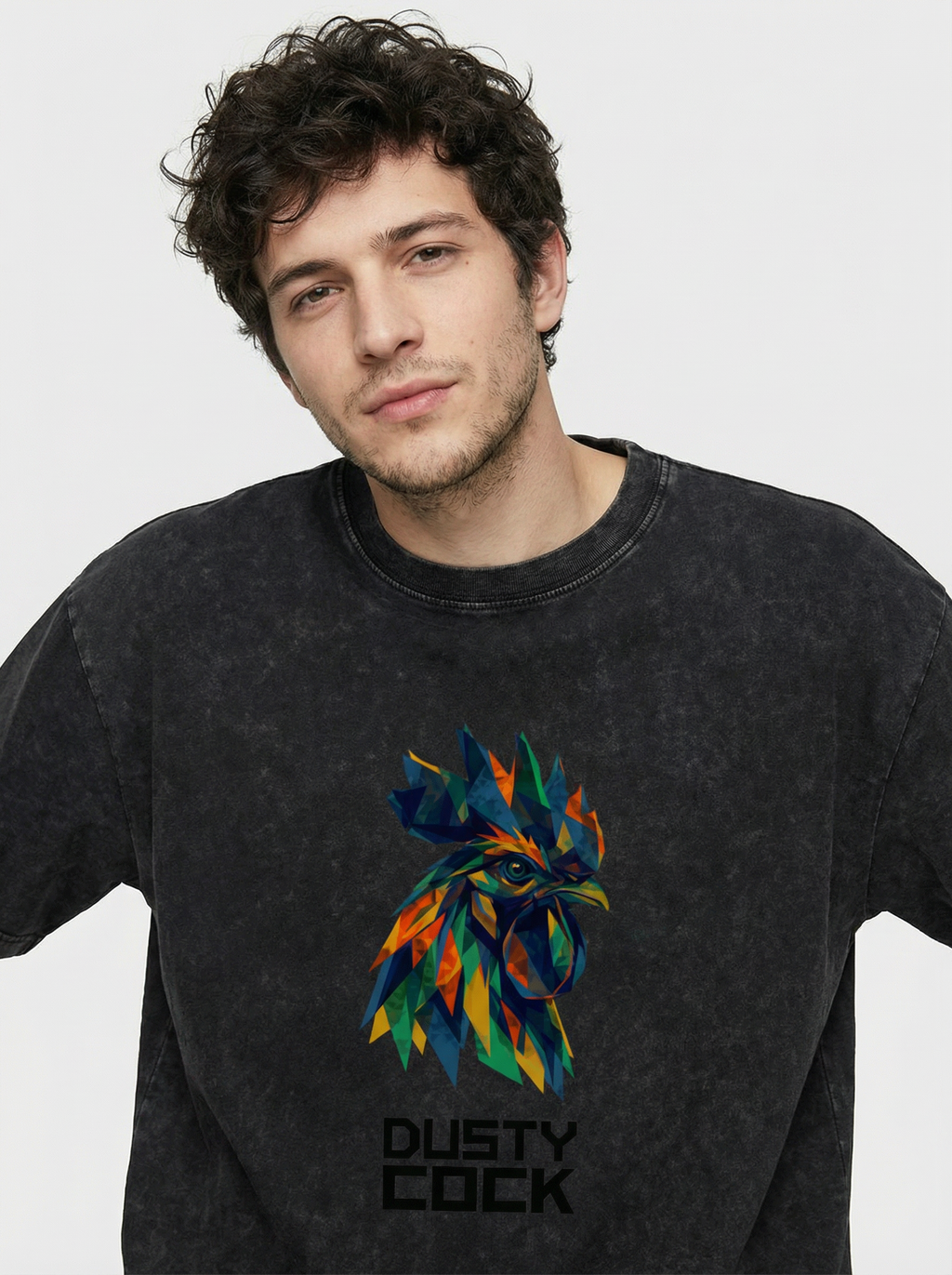 Dusty Cock “Prismatic Rooster” Geometric Head Graphic Tee – Heavyweight 100% Cotton, Vintage Wash, Washed