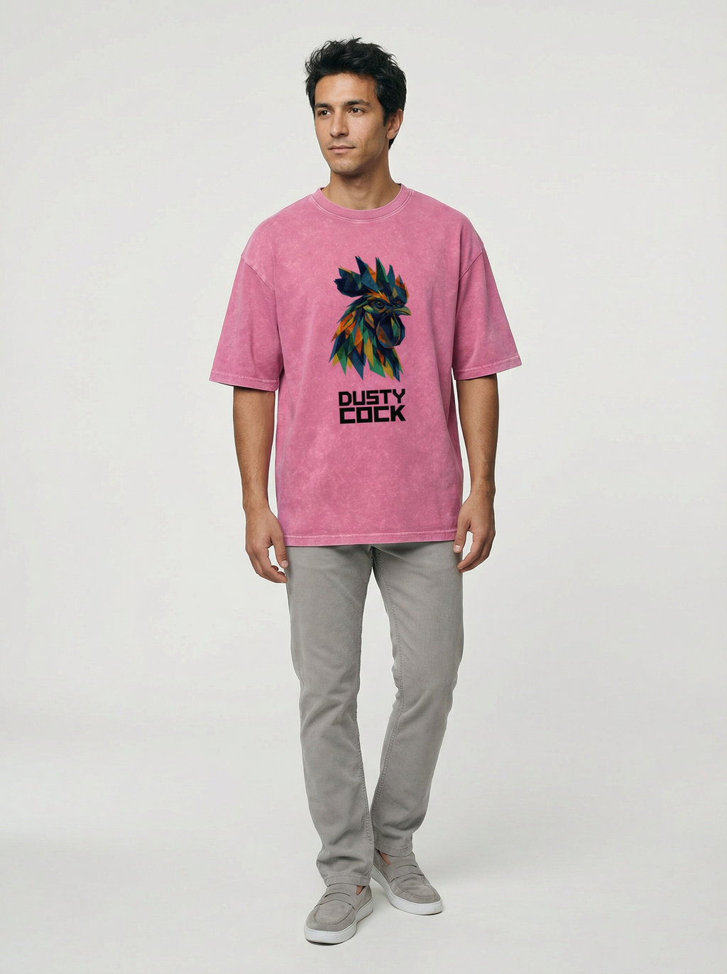 Dusty Cock “Prismatic Rooster” Geometric Head Graphic Tee – Heavyweight 100% Cotton, Vintage Wash, Washed