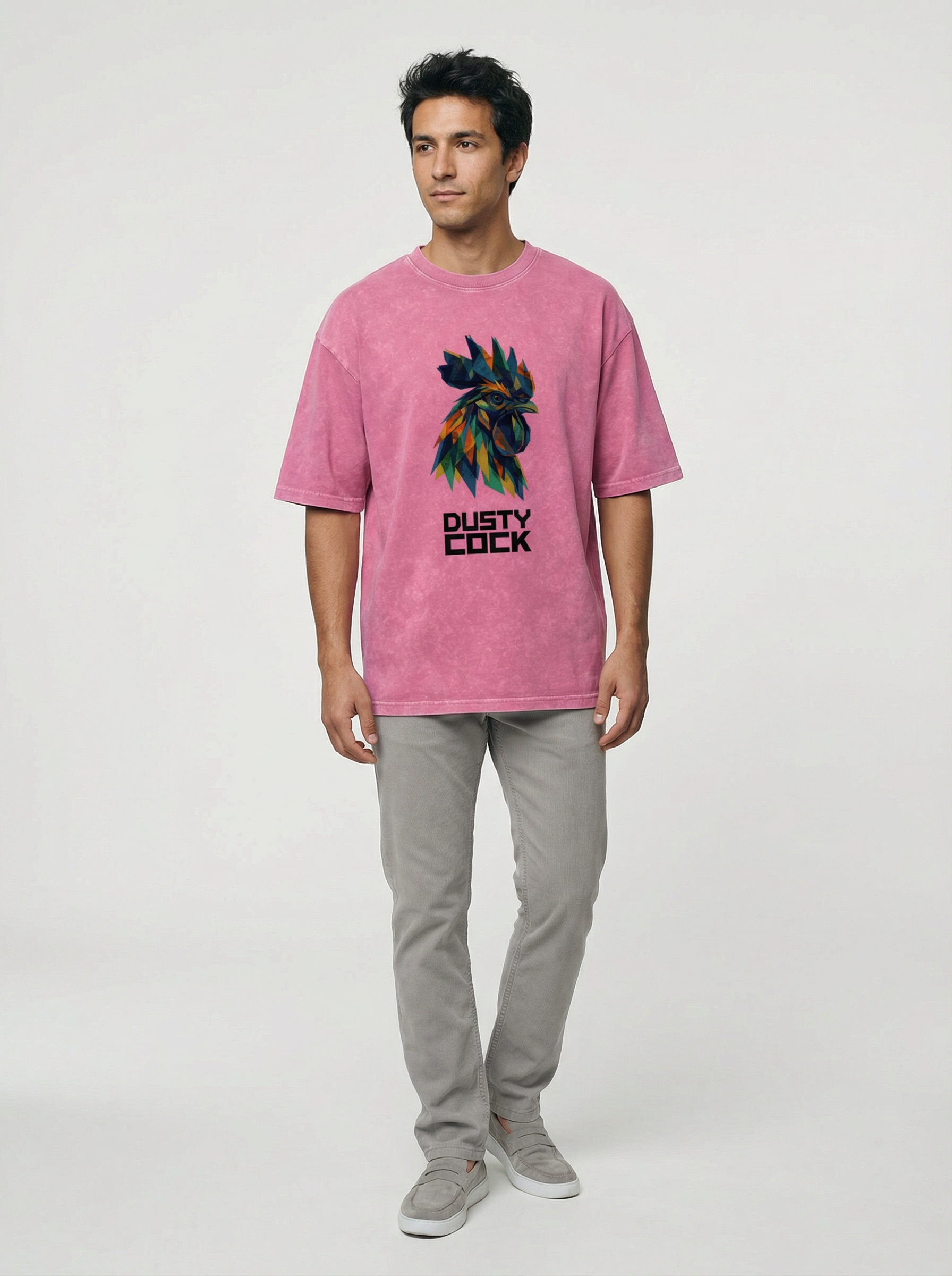 Dusty Cock “Prismatic Rooster” Geometric Head Graphic Tee – Heavyweight 100% Cotton, Vintage Wash, Washed
