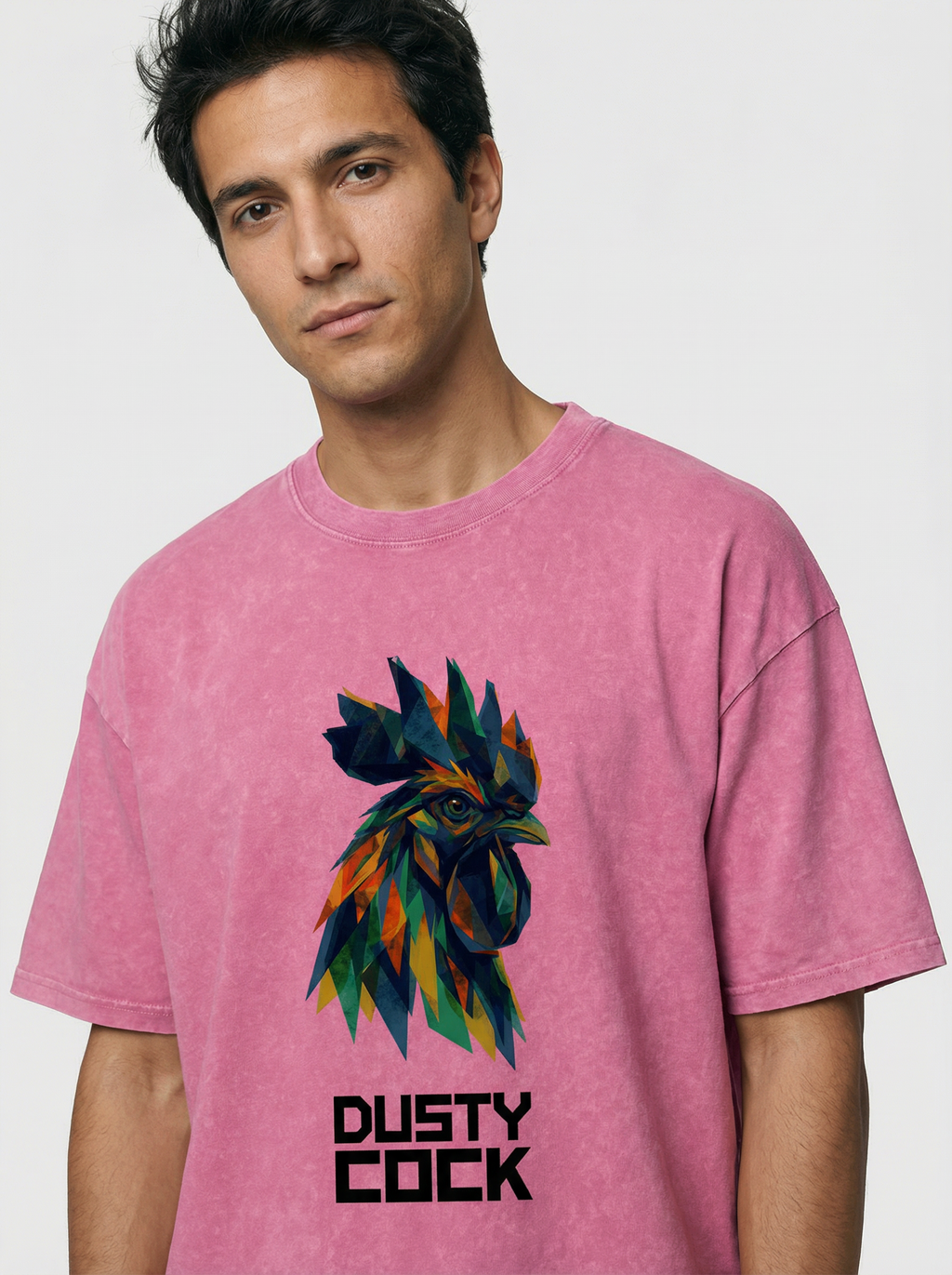 Dusty Cock “Prismatic Rooster” Geometric Head Graphic Tee – Heavyweight 100% Cotton, Vintage Wash, Washed