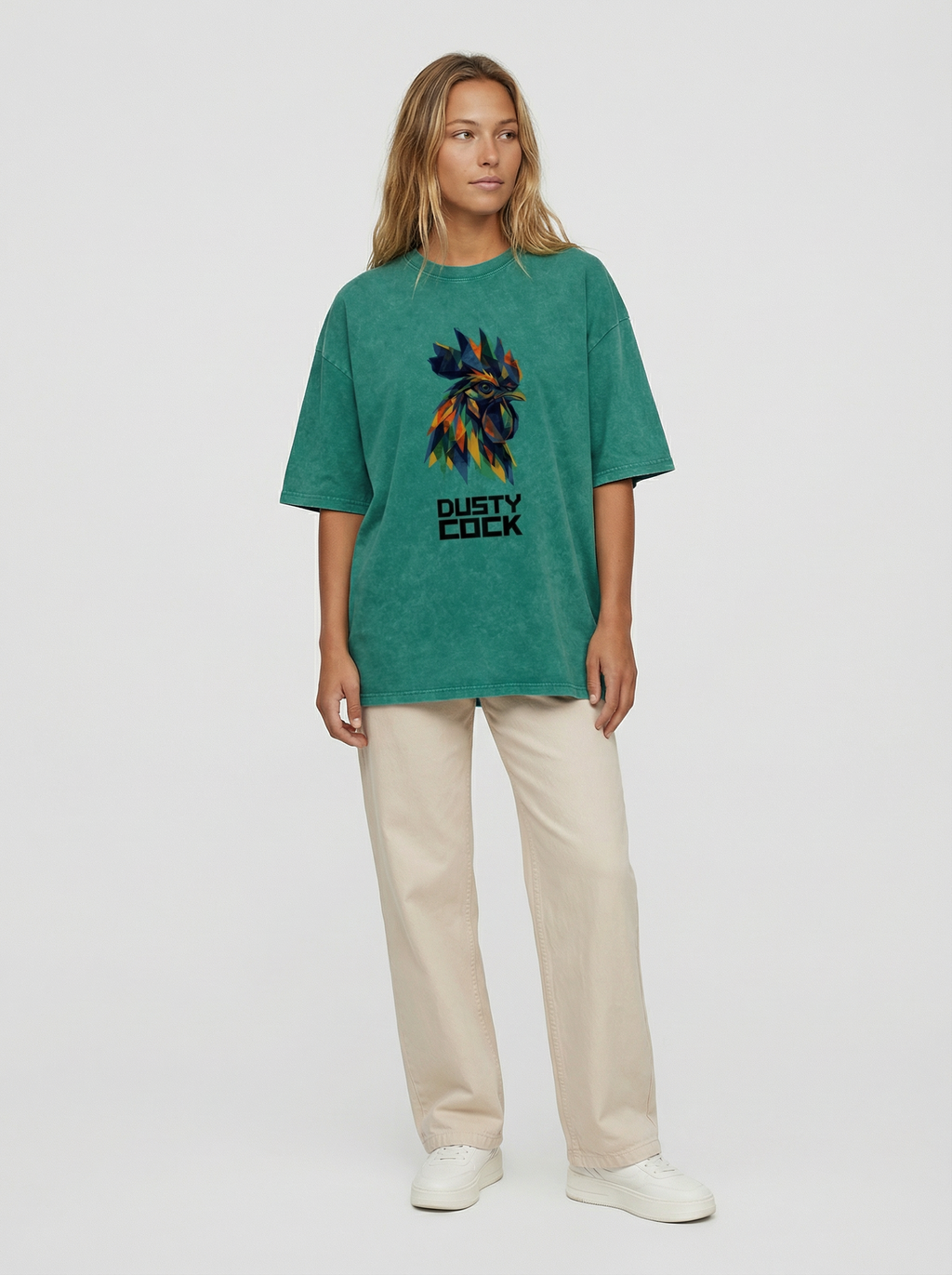 Dusty Cock “Prismatic Rooster” Geometric Head Graphic Tee – Heavyweight 100% Cotton, Vintage Wash, Washed
