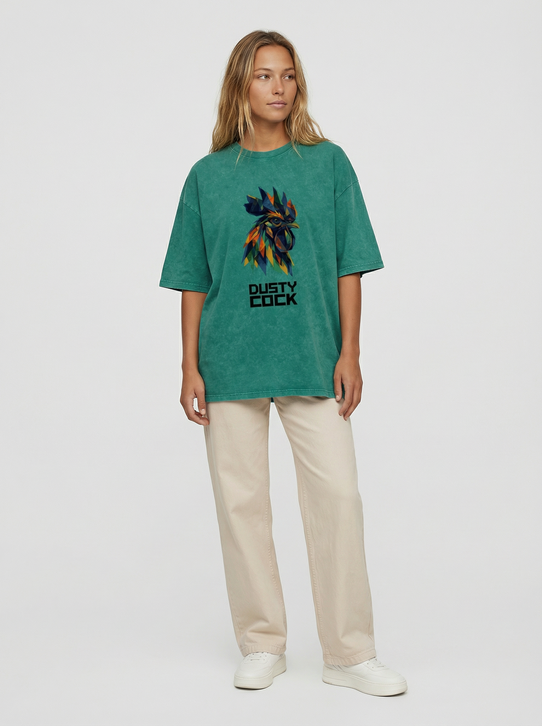 Dusty Cock “Prismatic Rooster” Geometric Head Graphic Tee – Heavyweight 100% Cotton, Vintage Wash, Washed