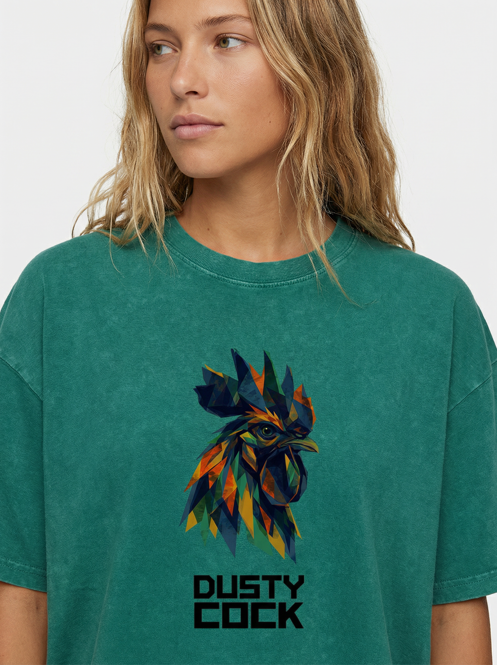 Dusty Cock “Prismatic Rooster” Geometric Head Graphic Tee – Heavyweight 100% Cotton, Vintage Wash, Washed
