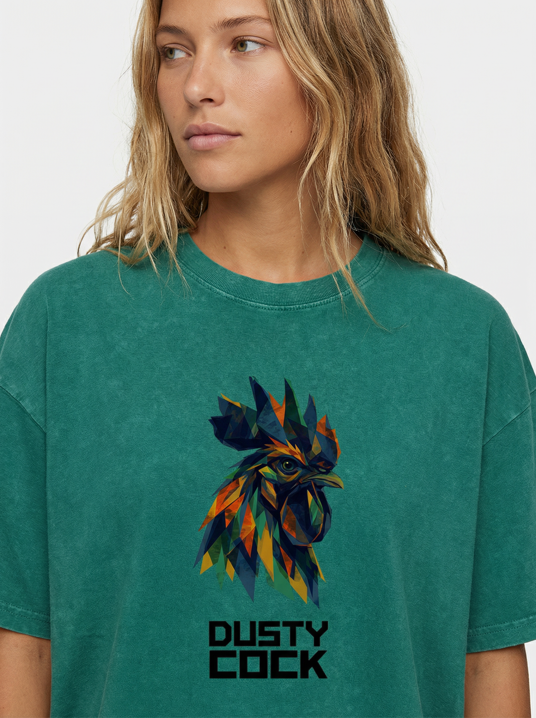 Dusty Cock “Prismatic Rooster” Geometric Head Graphic Tee – Heavyweight 100% Cotton, Vintage Wash, Washed