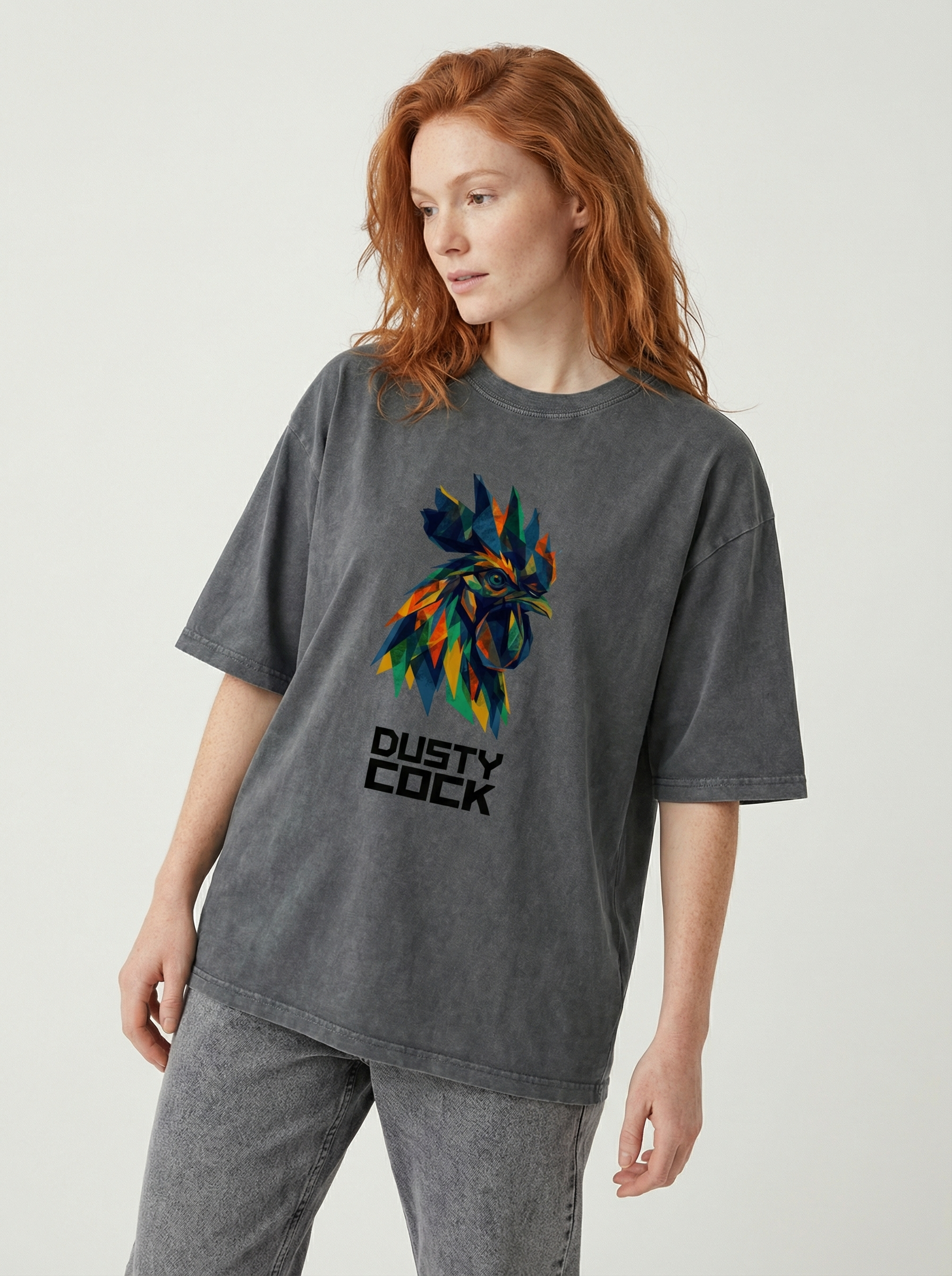 Dusty Cock “Prismatic Rooster” Geometric Head Graphic Tee – Heavyweight 100% Cotton, Vintage Wash, Washed