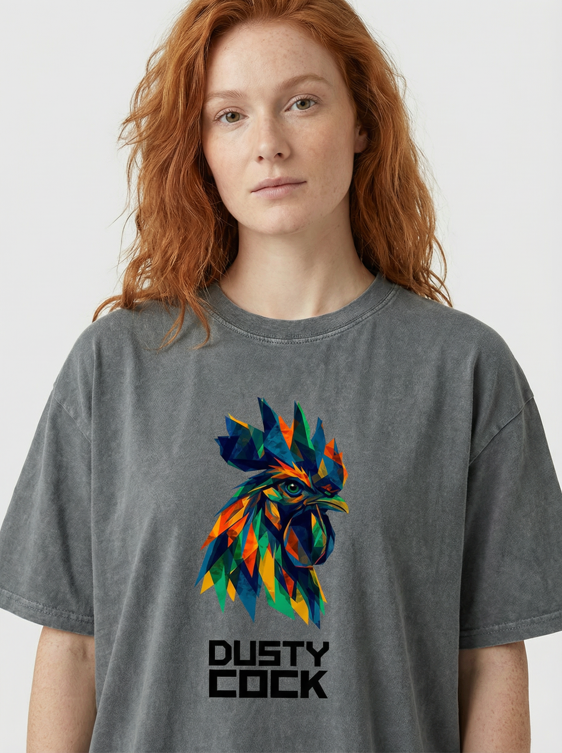 Dusty Cock “Prismatic Rooster” Geometric Head Graphic Tee – Heavyweight 100% Cotton, Vintage Wash, Washed
