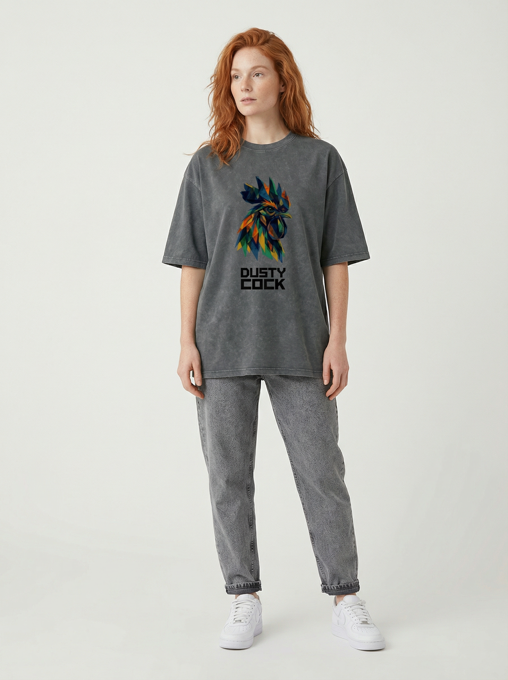 Dusty Cock “Prismatic Rooster” Geometric Head Graphic Tee – Heavyweight 100% Cotton, Vintage Wash, Washed