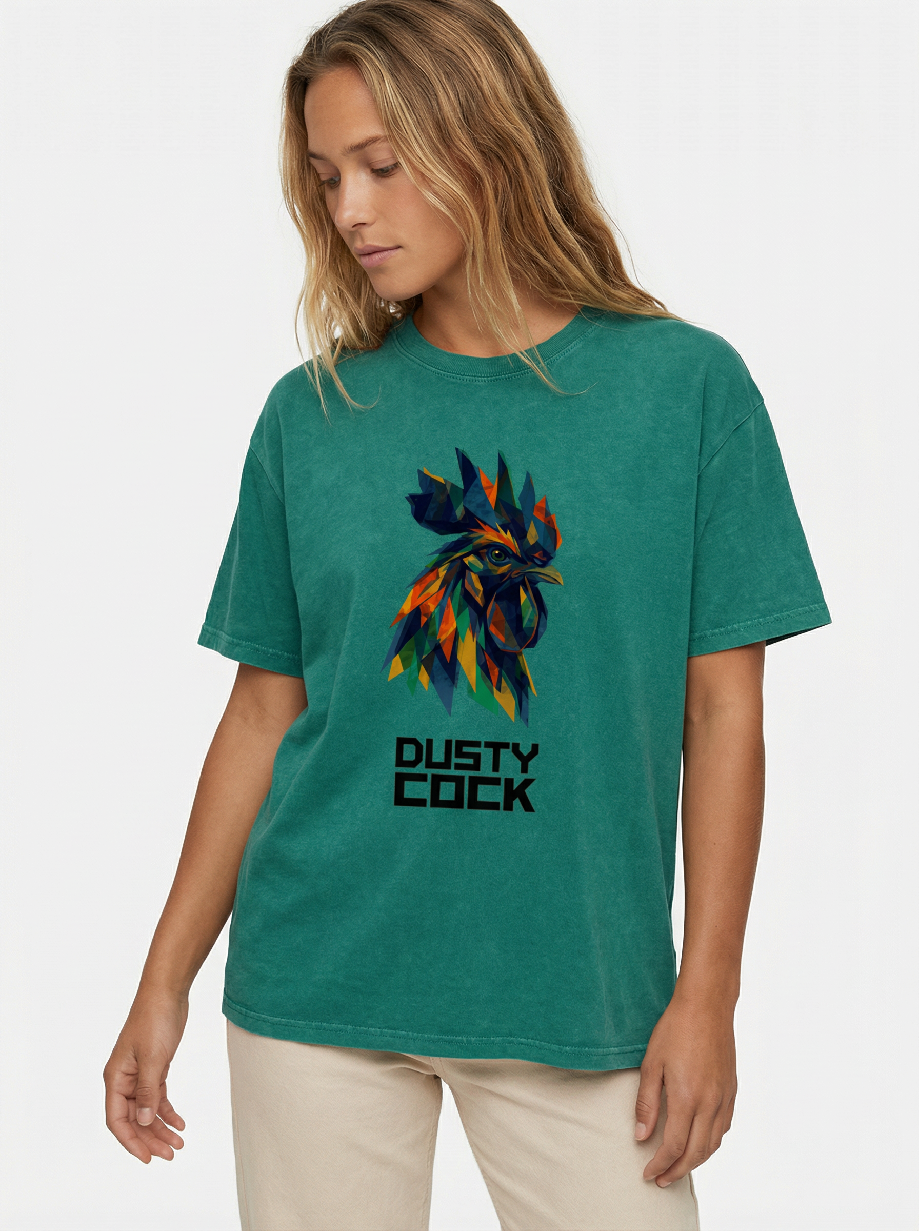 Dusty Cock “Prismatic Rooster” Geometric Head Graphic Tee – Heavyweight 100% Cotton, Vintage Wash, Washed