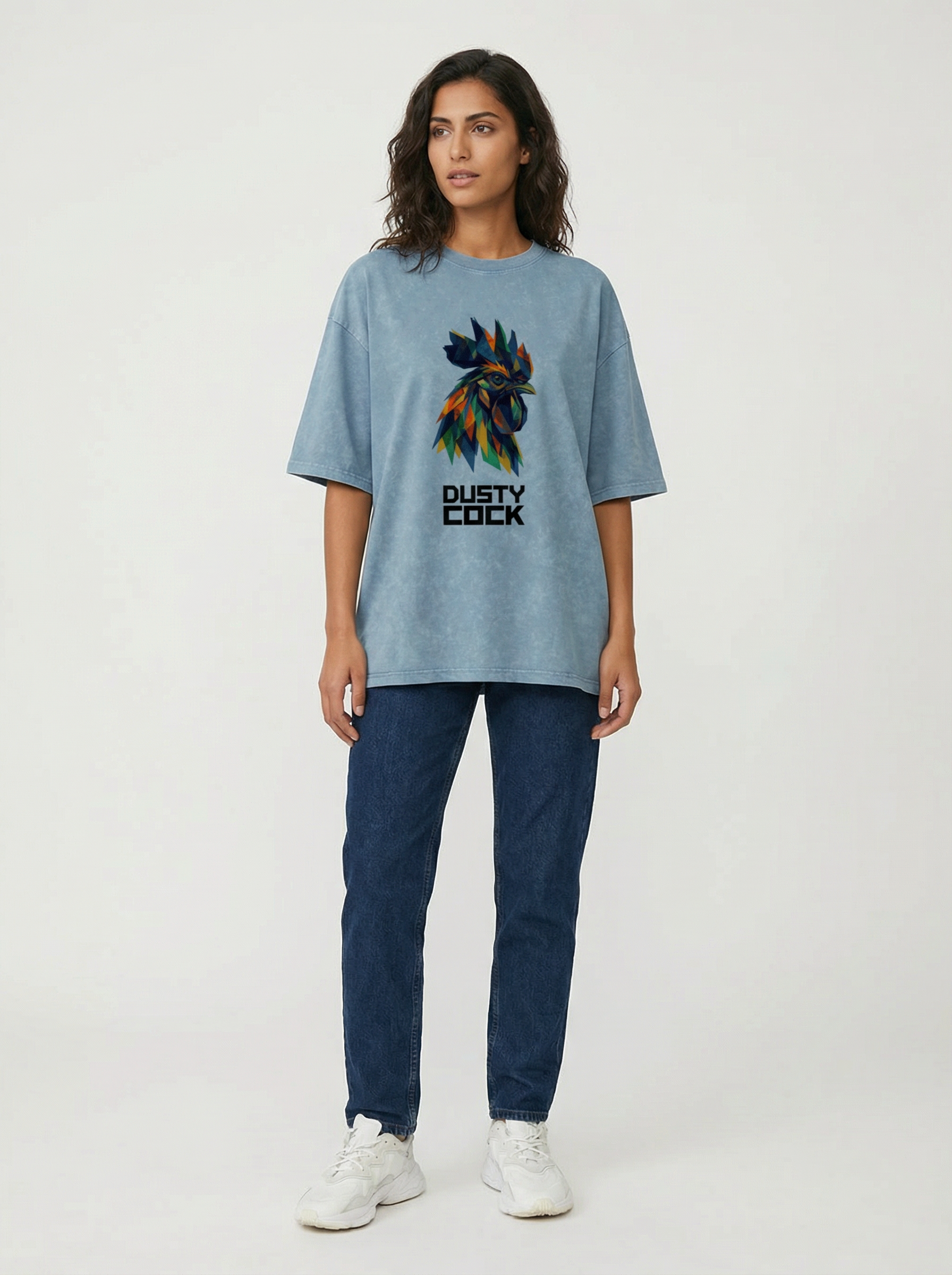 Dusty Cock “Prismatic Rooster” Geometric Head Graphic Tee – Heavyweight 100% Cotton, Vintage Wash, Washed