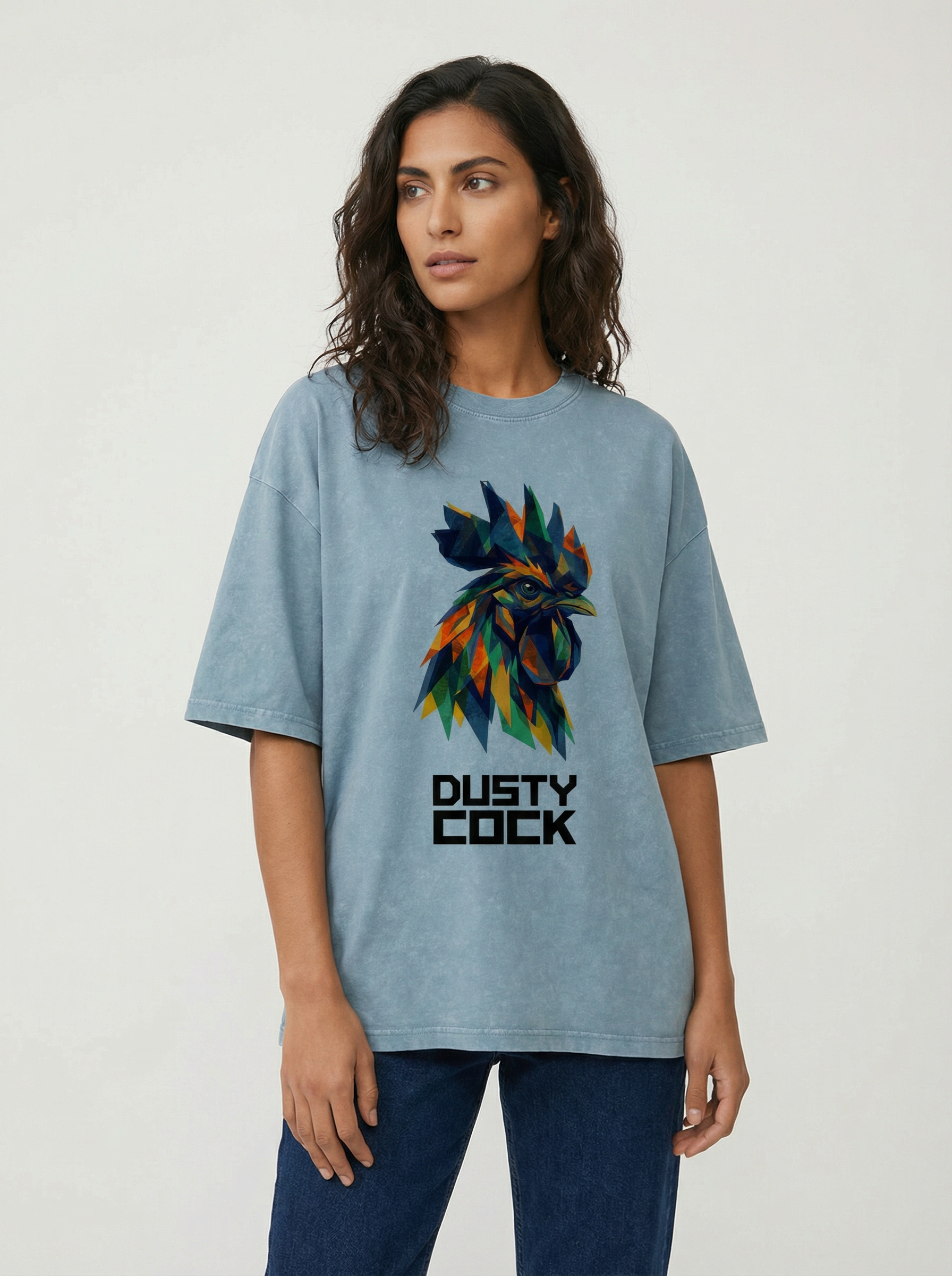 Dusty Cock “Prismatic Rooster” Geometric Head Graphic Tee – Heavyweight 100% Cotton, Vintage Wash, Washed