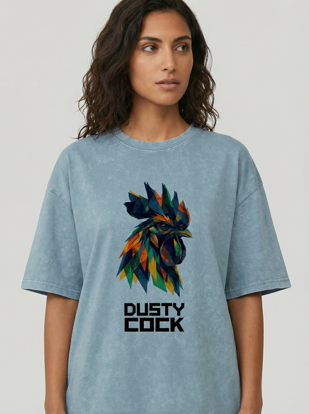 Dusty Cock “Prismatic Rooster” Geometric Head Graphic Tee – Heavyweight 100% Cotton, Vintage Wash, Washed