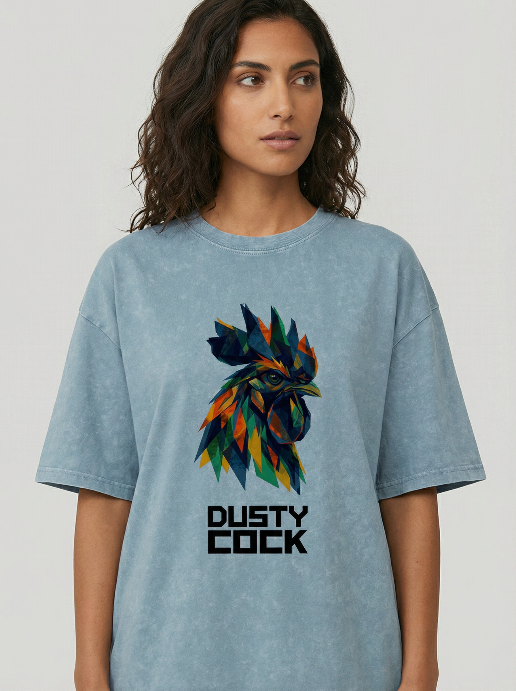 Dusty Cock “Prismatic Rooster” Geometric Head Graphic Tee – Heavyweight 100% Cotton, Vintage Wash, Washed