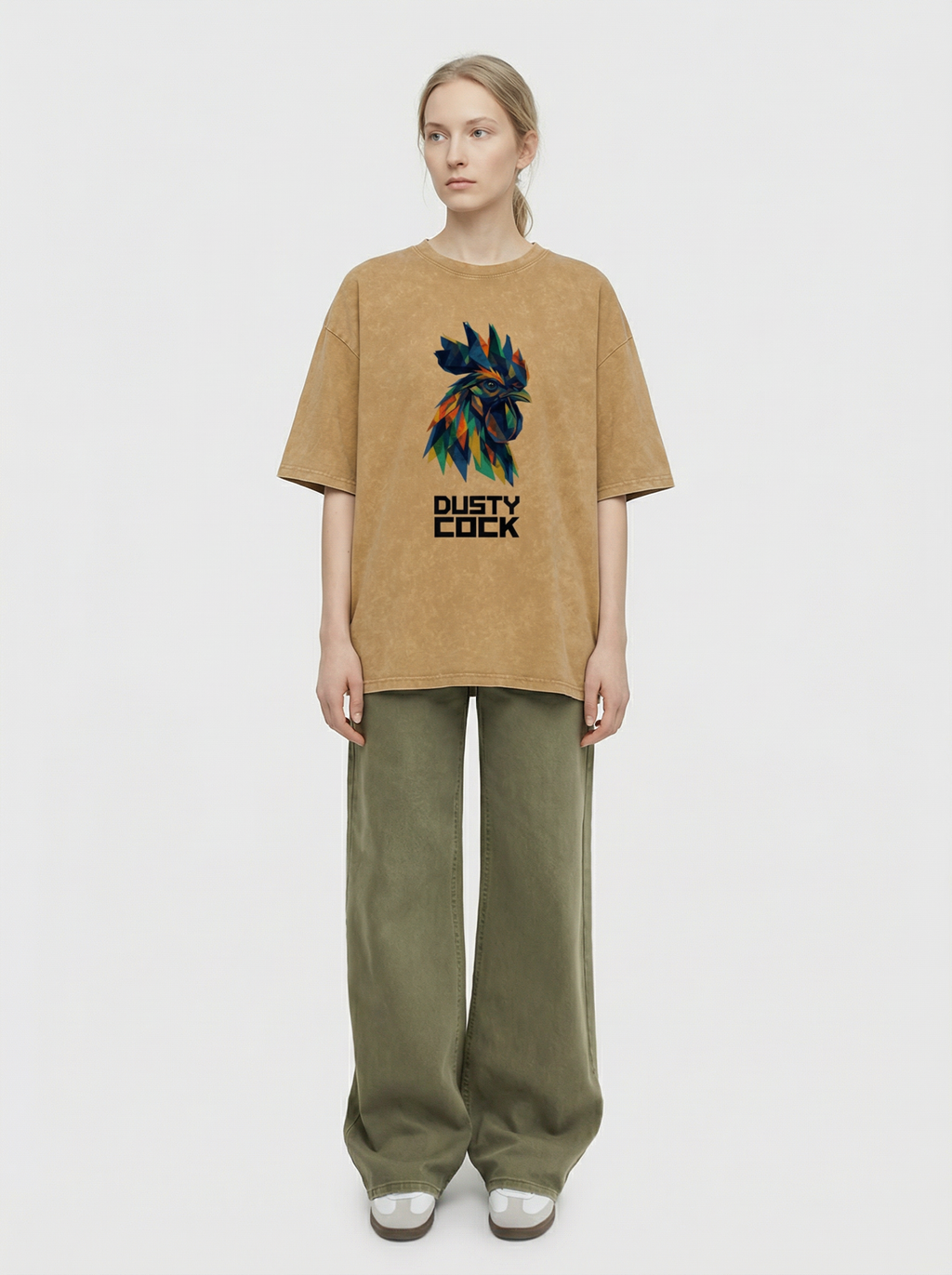 Dusty Cock “Prismatic Rooster” Geometric Head Graphic Tee – Heavyweight 100% Cotton, Vintage Wash, Washed