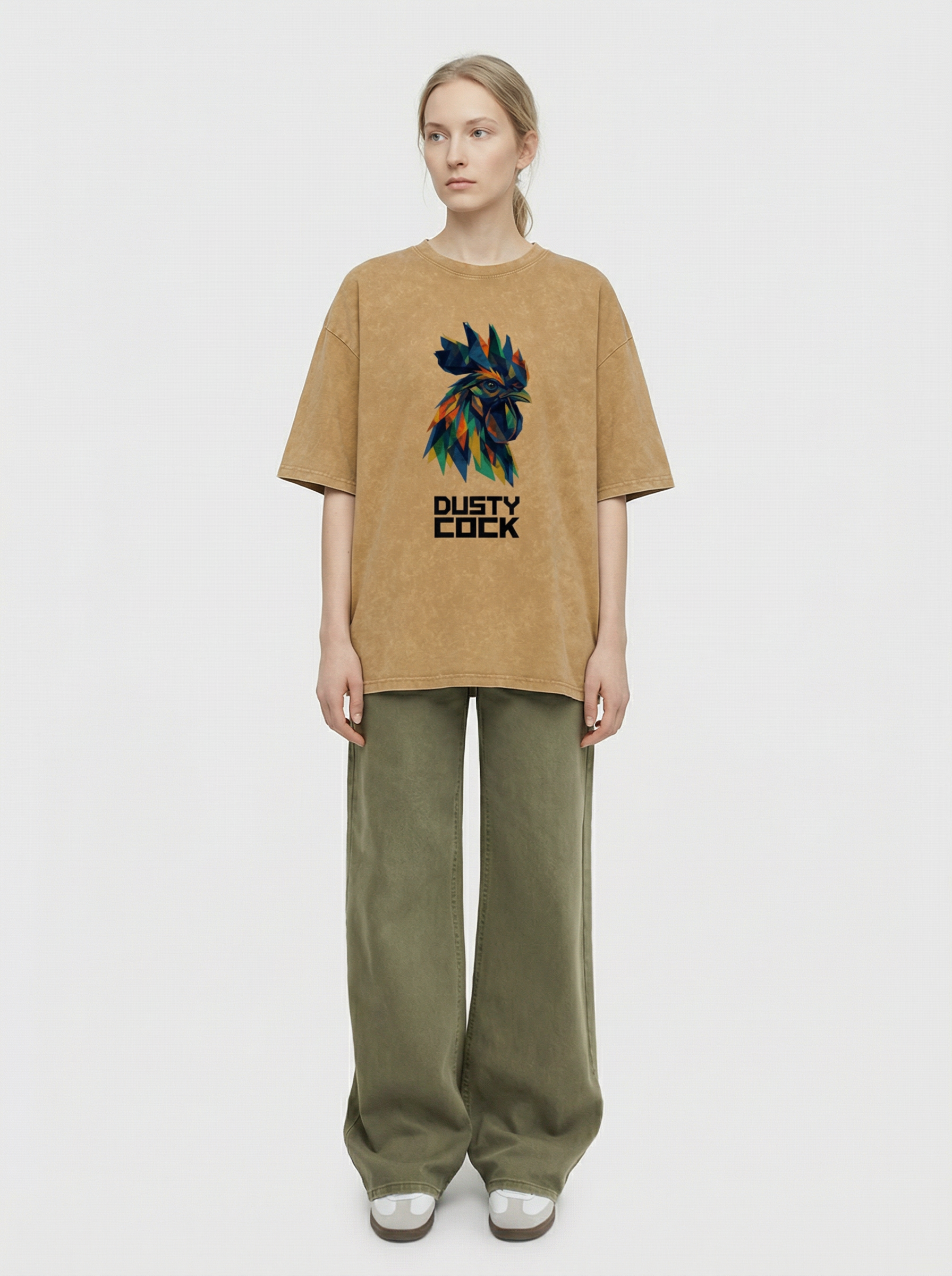 Dusty Cock “Prismatic Rooster” Geometric Head Graphic Tee – Heavyweight 100% Cotton, Vintage Wash, Washed