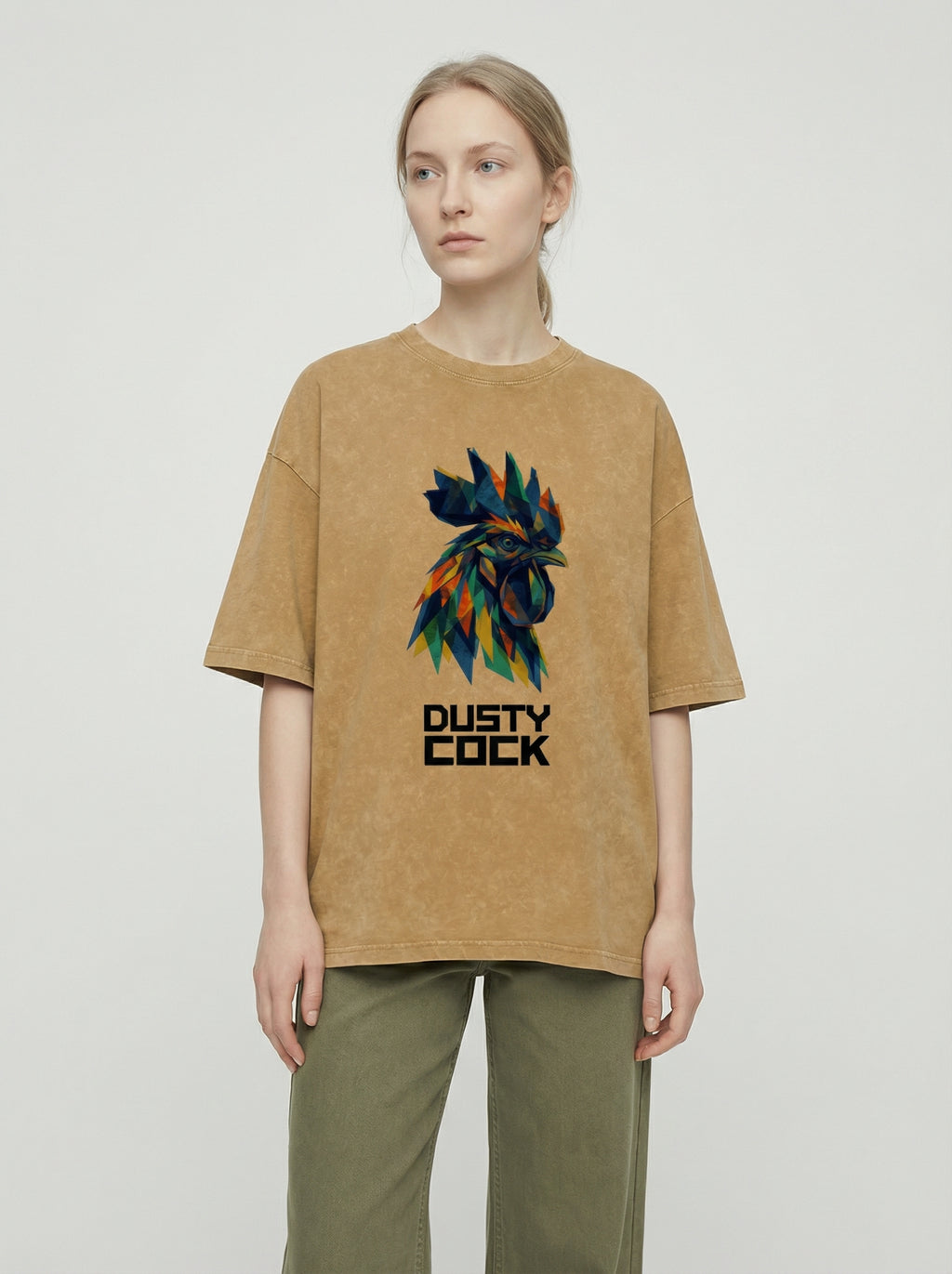 Dusty Cock “Prismatic Rooster” Geometric Head Graphic Tee – Heavyweight 100% Cotton, Vintage Wash, Washed