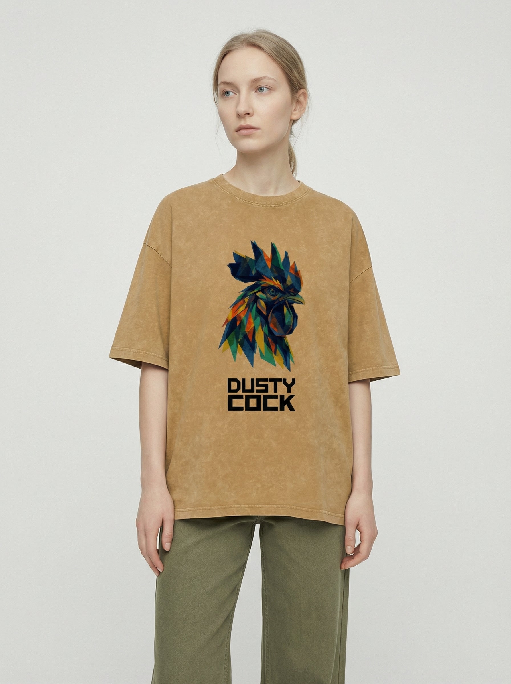 Dusty Cock “Prismatic Rooster” Geometric Head Graphic Tee – Heavyweight 100% Cotton, Vintage Wash, Washed