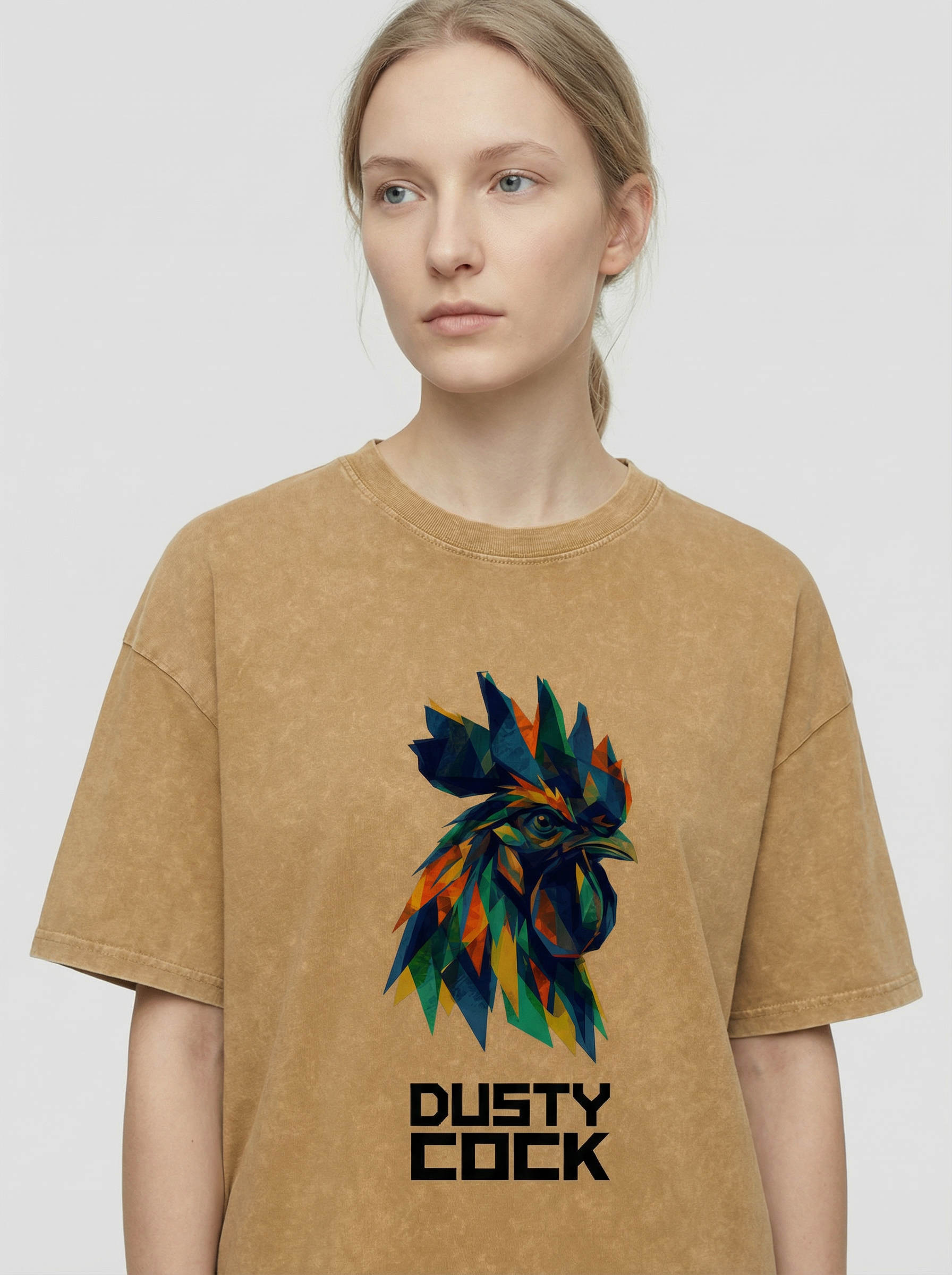 Dusty Cock “Prismatic Rooster” Geometric Head Graphic Tee – Heavyweight 100% Cotton, Vintage Wash, Washed