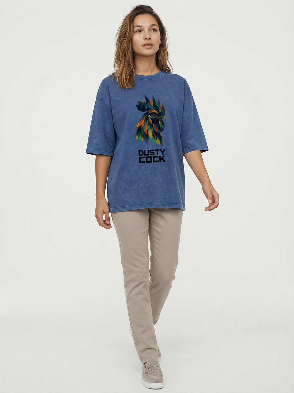 Dusty Cock “Prismatic Rooster” Geometric Head Graphic Tee – Heavyweight 100% Cotton, Vintage Wash, Washed